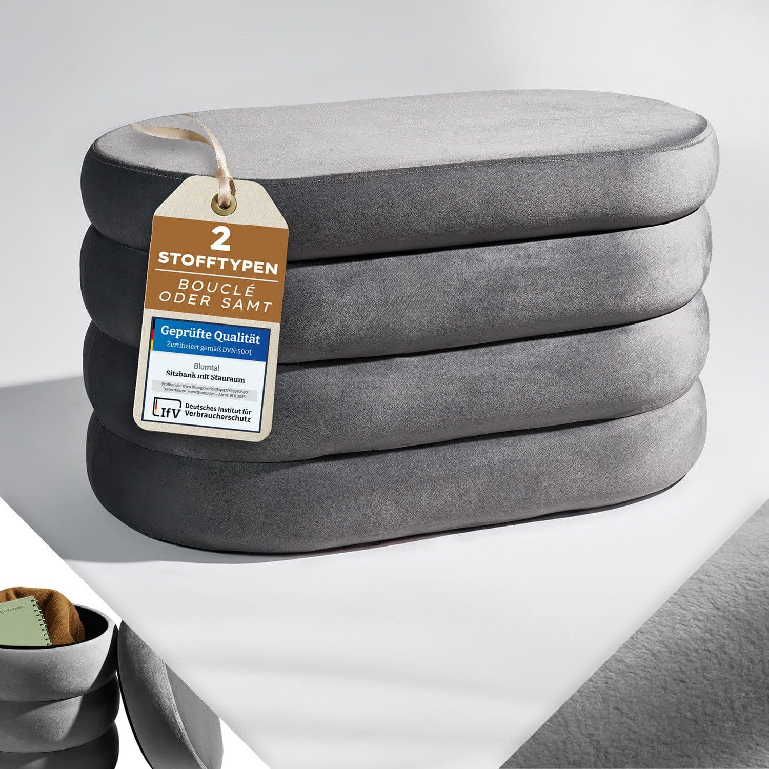 Blumtal Sitzhocker mit Stauraum Bouclé oder Velvet Bezug - Bild 2