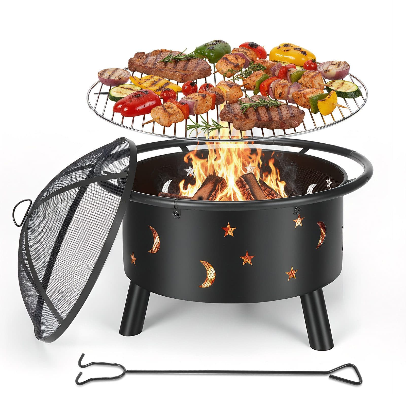 oyajia Feuerschale 73,5cm Stahl Grillrost Funkenschutz Schwarz - Bild 2