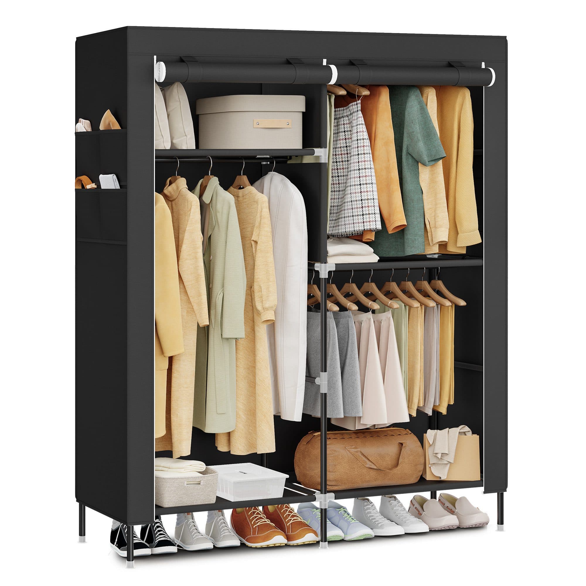 SONGMICS Kleiderschrank Stoffschrank 3/4 Hängefächer Ablagen Seitentaschen Schwarz - Bild 2