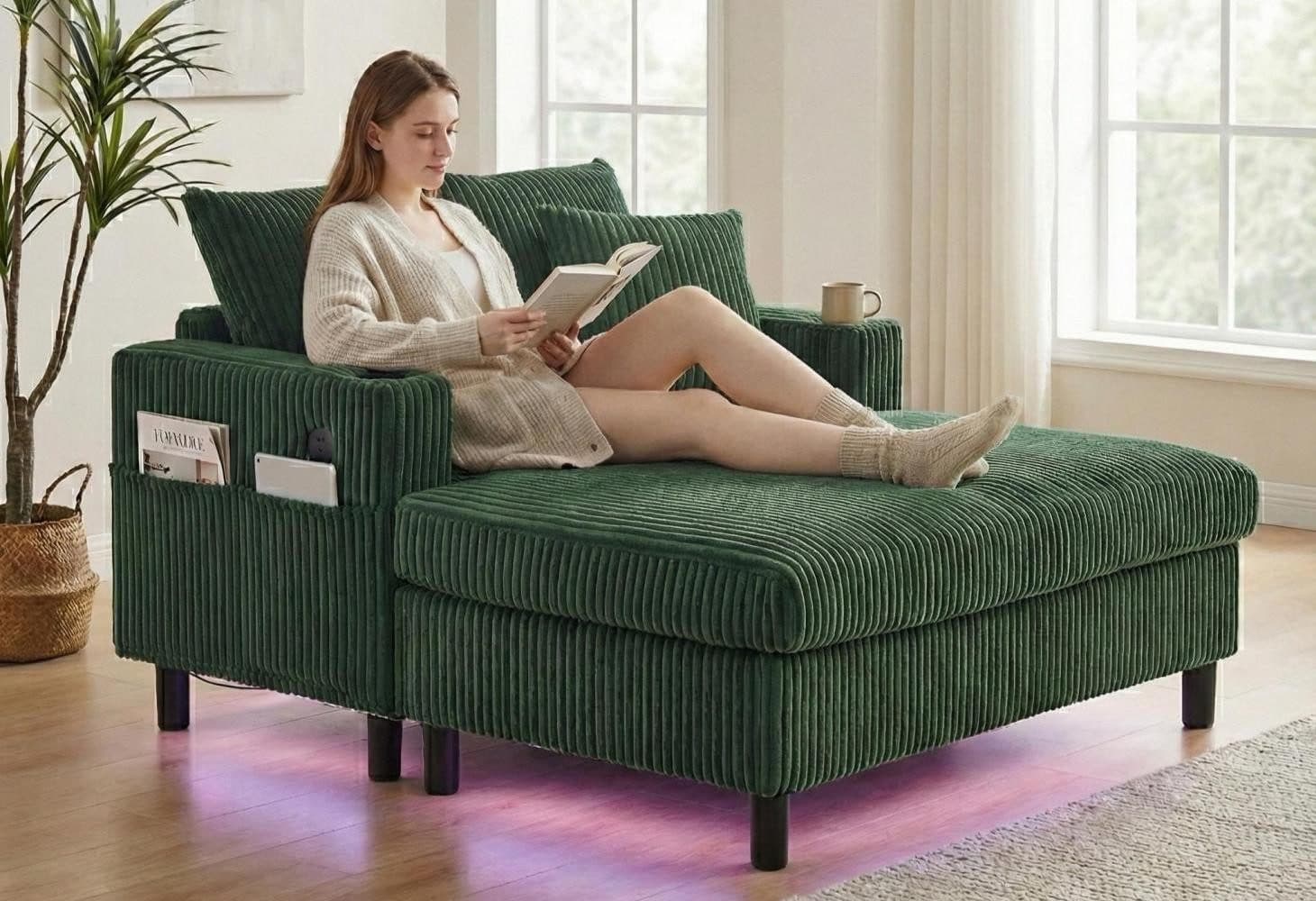 LVHOM Polsterliege XXL Relaxsessel Grün mit LED-Licht & Ladestation - Bild 2
