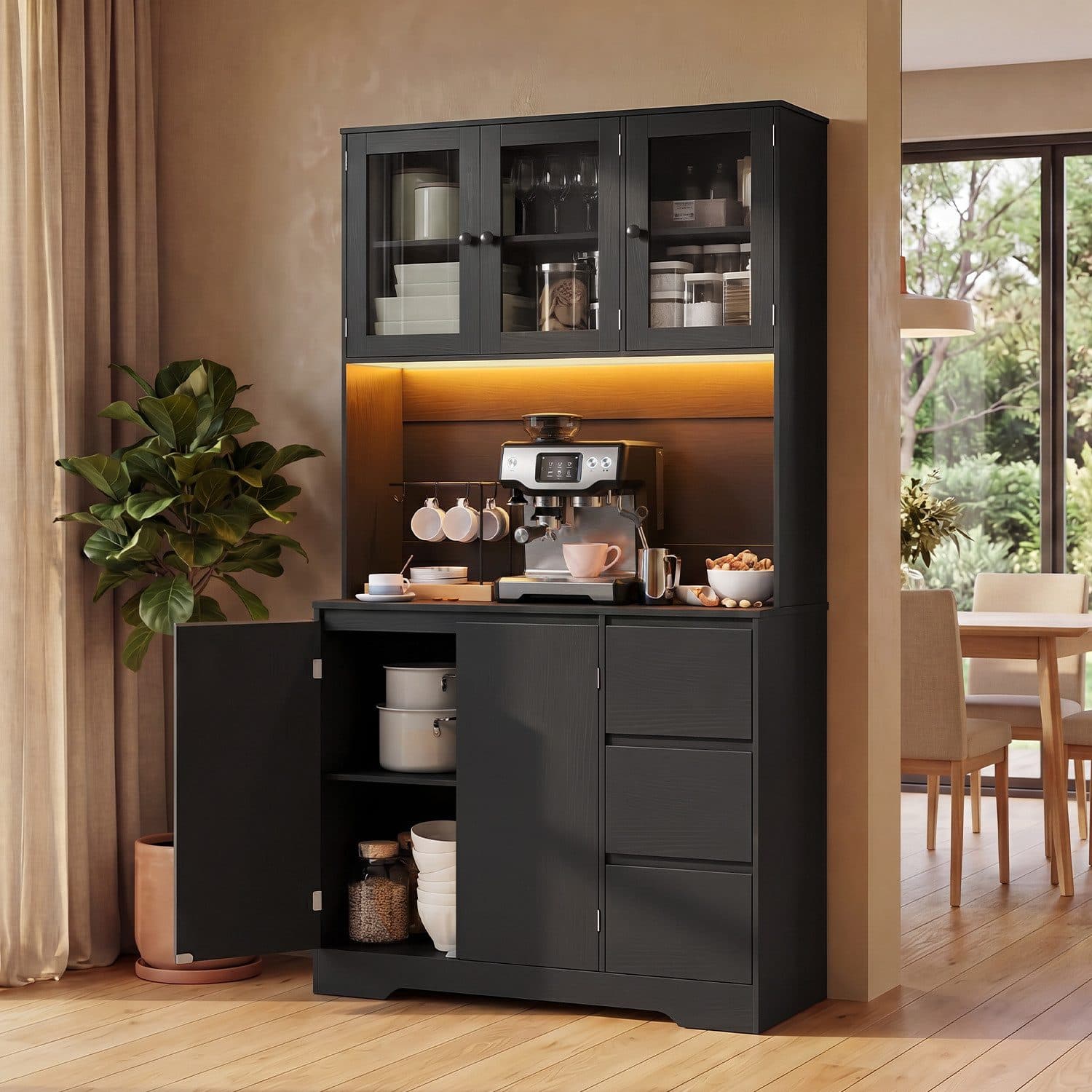 Bealife Buffet Küchenschrank Schwarz mit LED-Licht, Steckdose & 3 Schubladen - Bild 2
