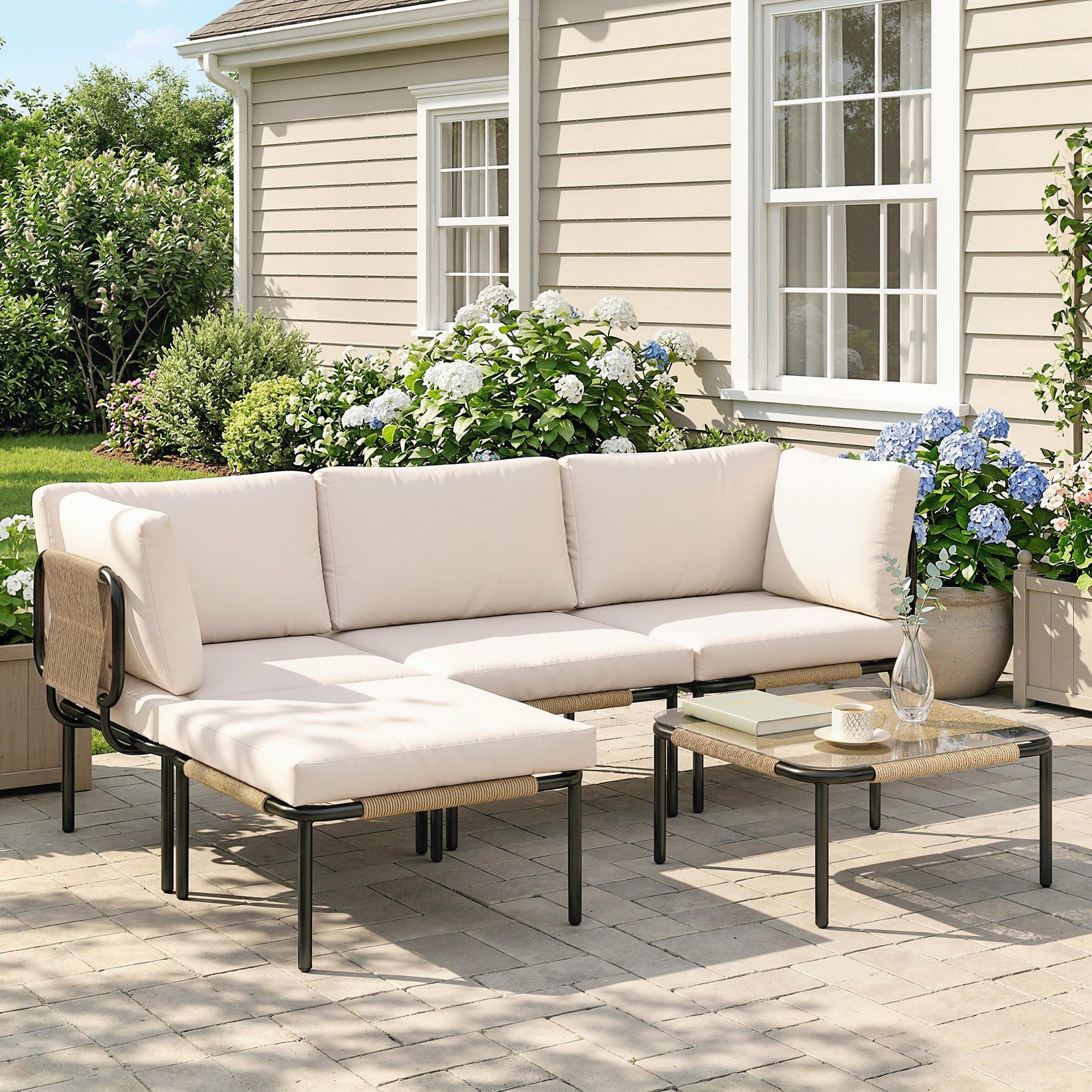 Outsunny Gartenlounge 5-tlg. Khaki PE-Rattan mit Glastisch - Bild 2