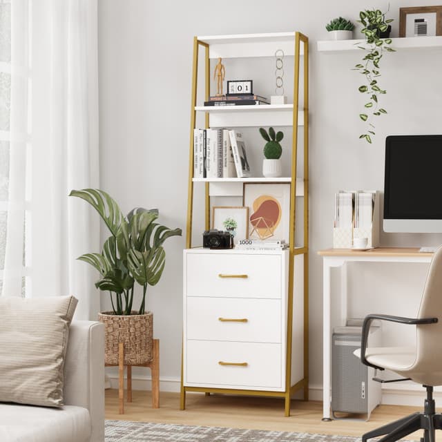 HOMECHO Bücherregal Standregal Holz&Metallgestell Weiß+Gold