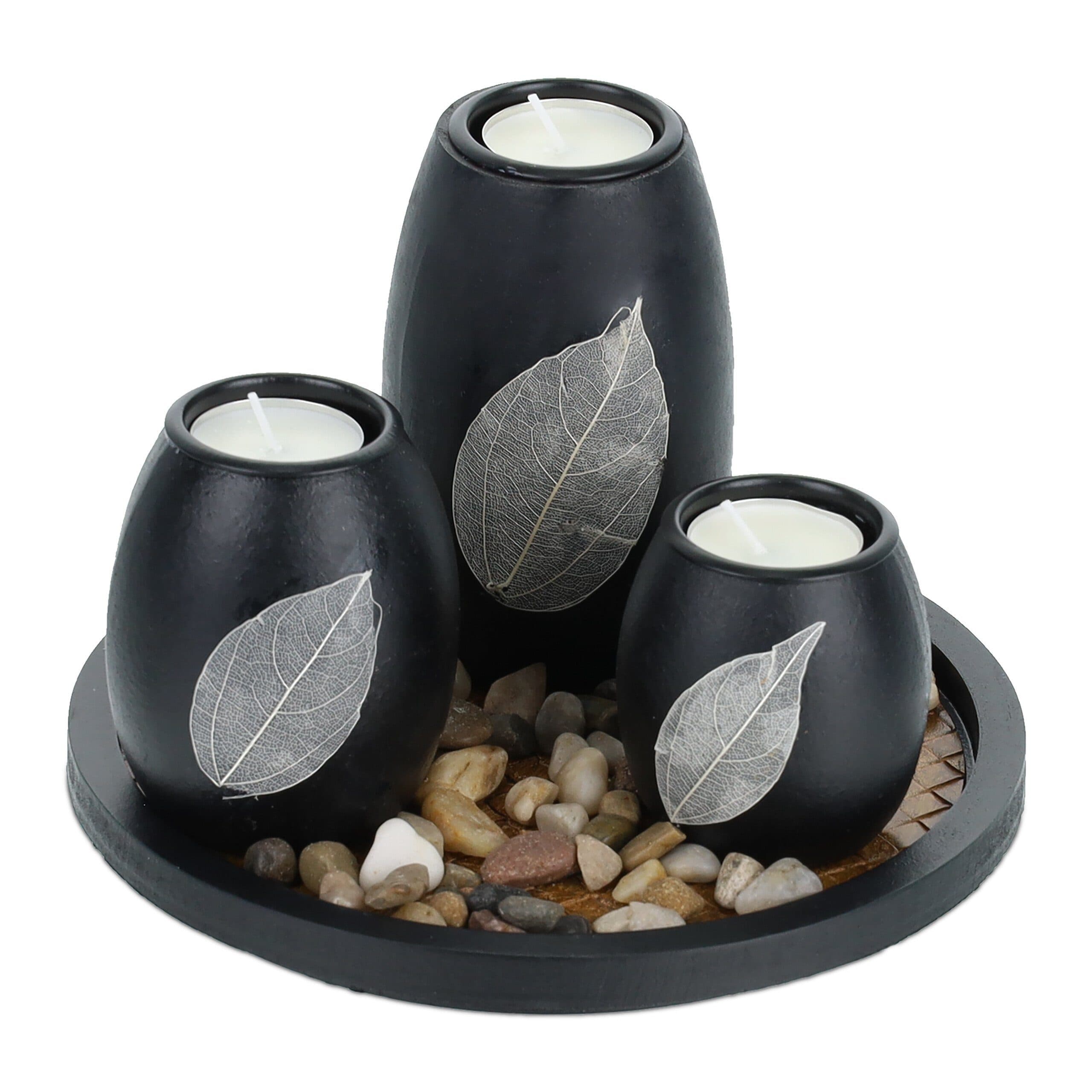 relaxdays Teelichthalter mit Tablett & Steine Schwarz Braun - Bild 2
