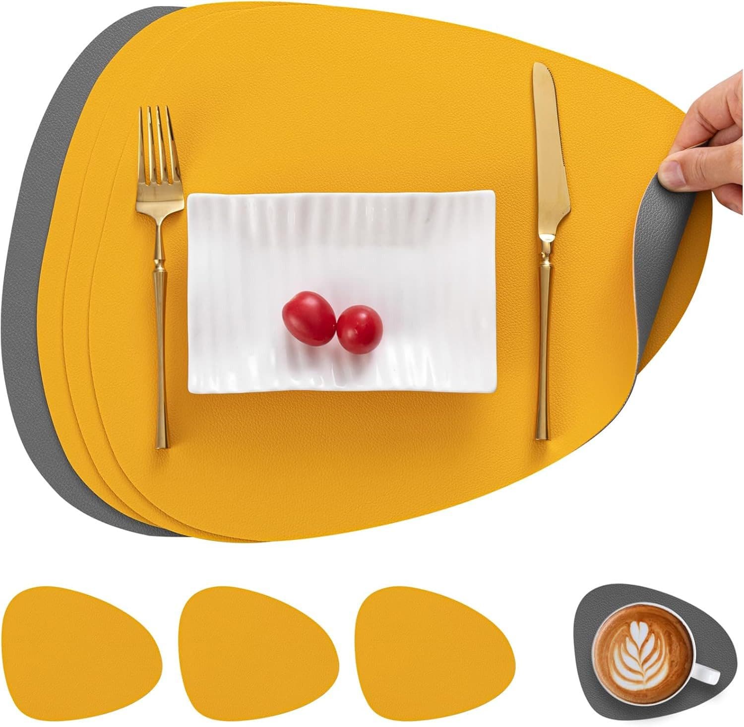 Rhein Beleuchtung Platzset Tischsets Leder Grau/Gelb 4er-Set - Bild 2
