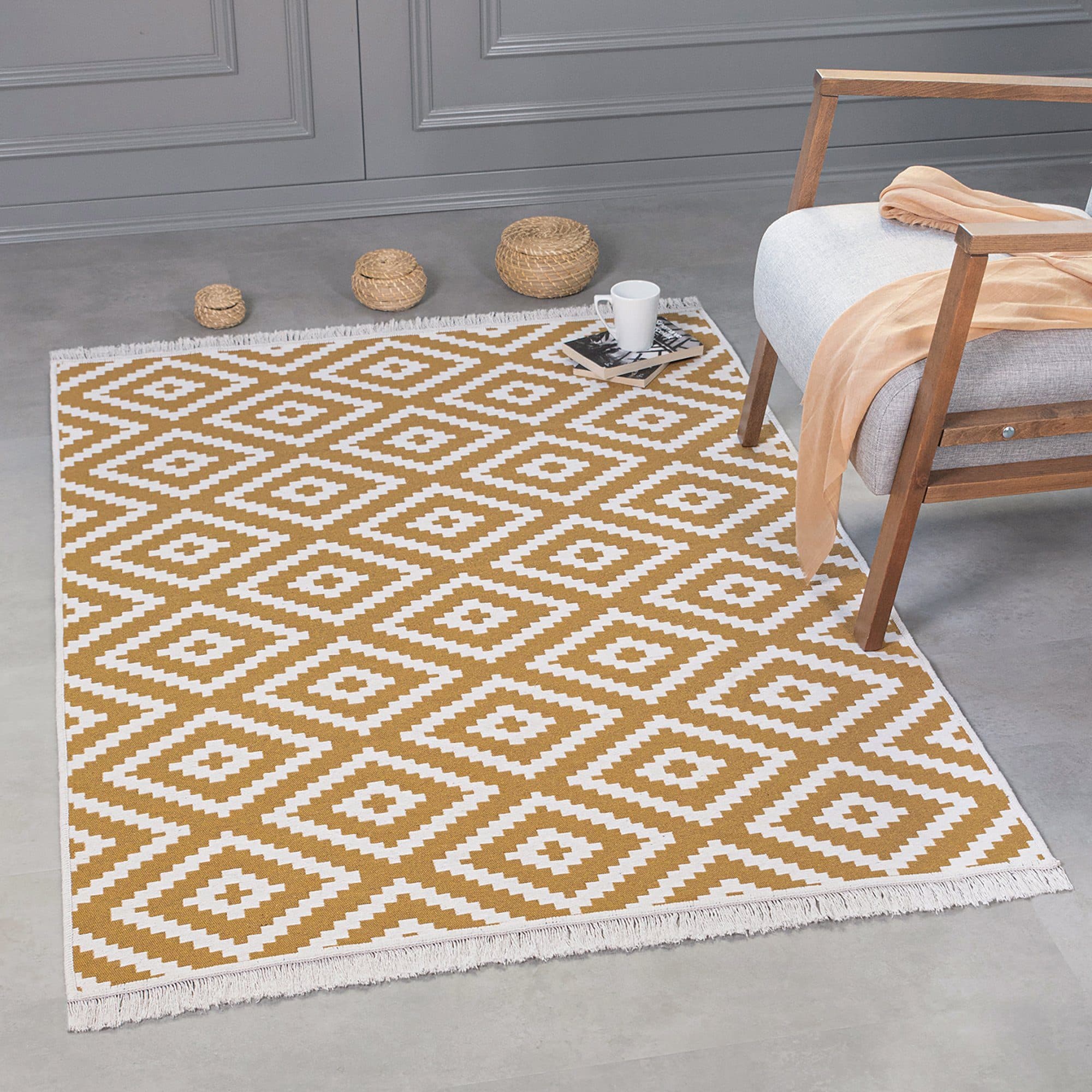 Jimri Wendeteppich Kelim Weiß-Gold Boho-Kilim - Bild 2