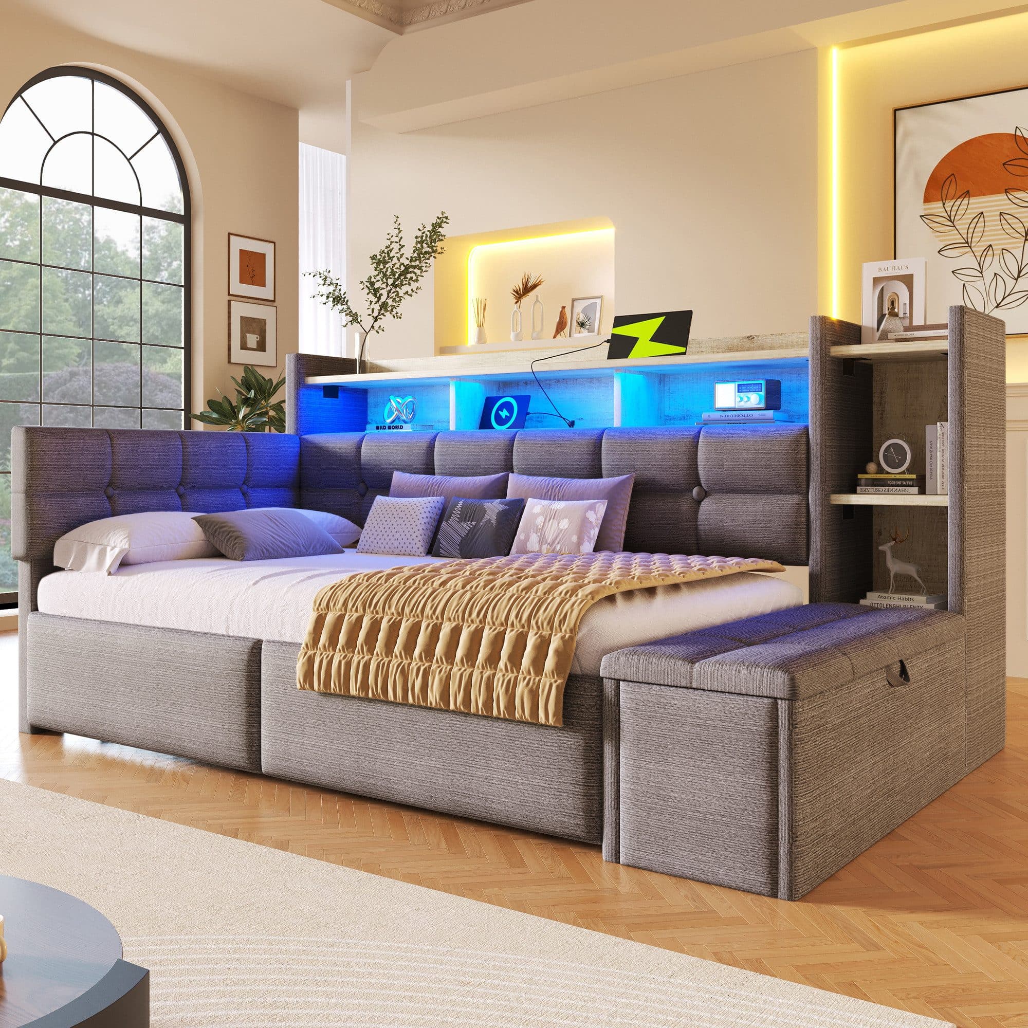 MODFU Schlafsofa mit LED, USB & Stauraum, Samt 90x190 cm - Bild 2