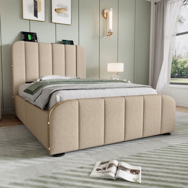 BlingBin Polsterbett Doppelbett mit USB-C Ladefunktion und Stauraum