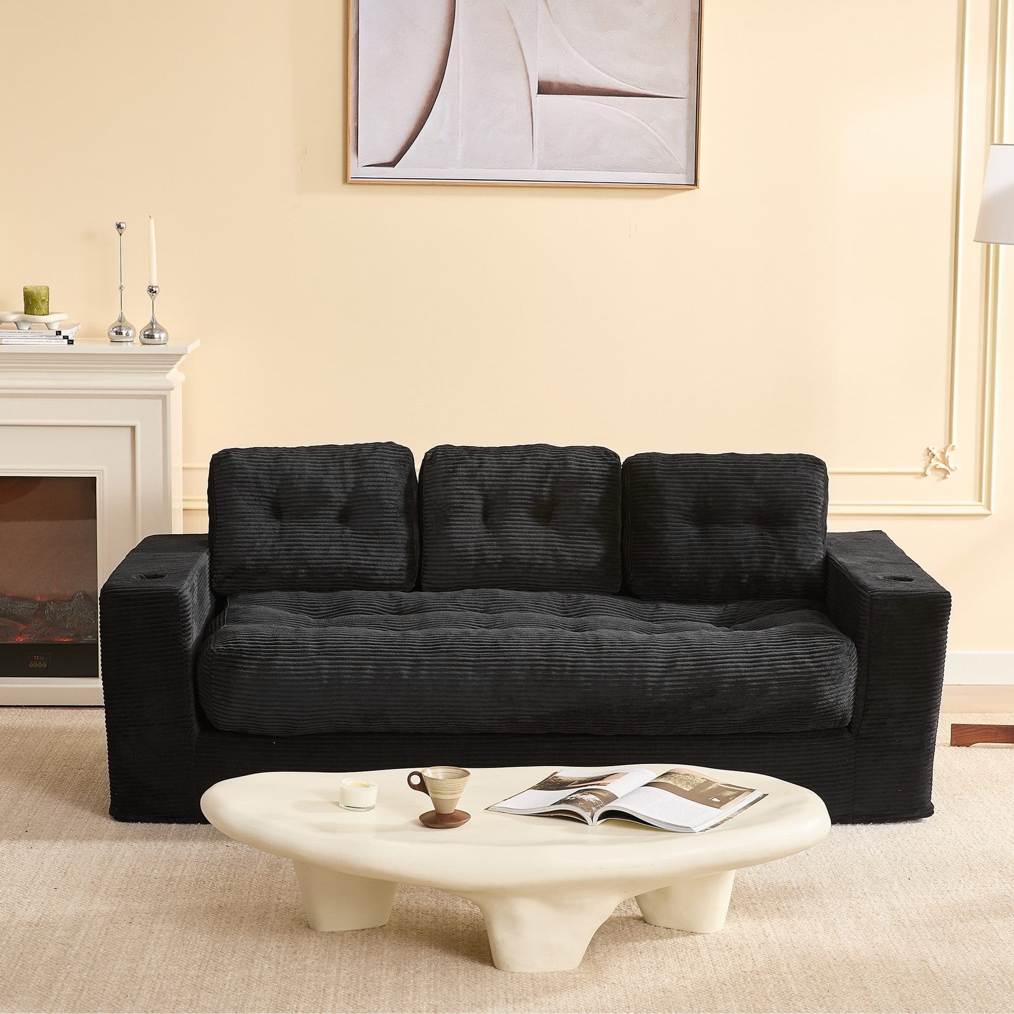 LITBIRD 3-Sitzer Bodensofa Schwarz Grau Kordstoff mit Kissen - Bild 2