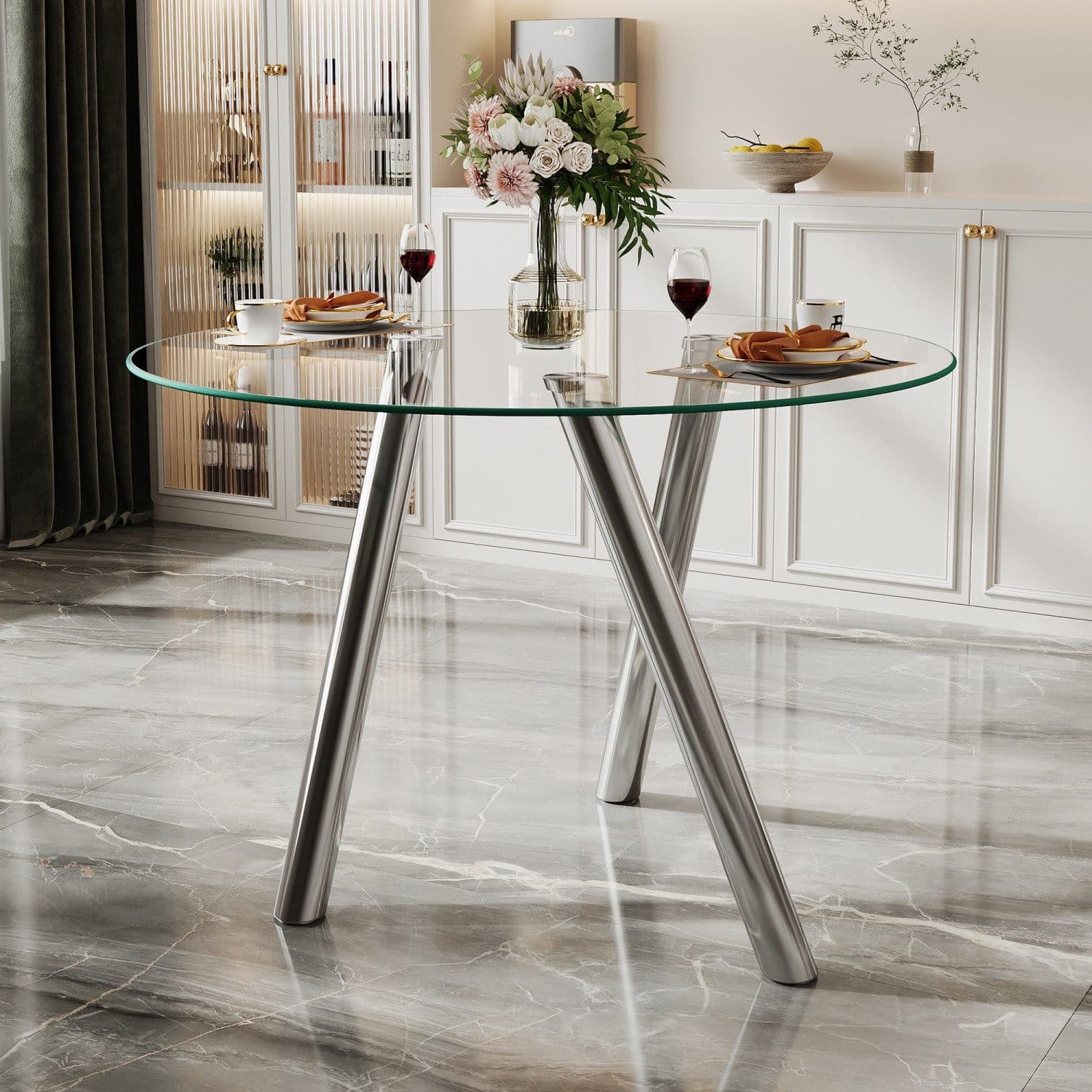 ANYUN Runder Esstisch mit gehärteter Glasplatte, 89x89x76 cm, Metallbeine - Bild 2