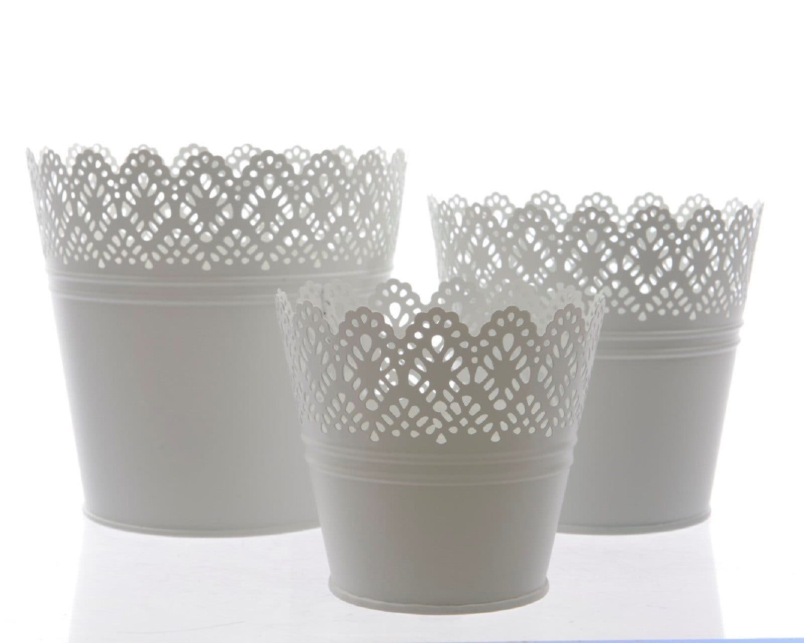 Kaemingk Übertopf 3er Set Weiß Zink Blütendekor