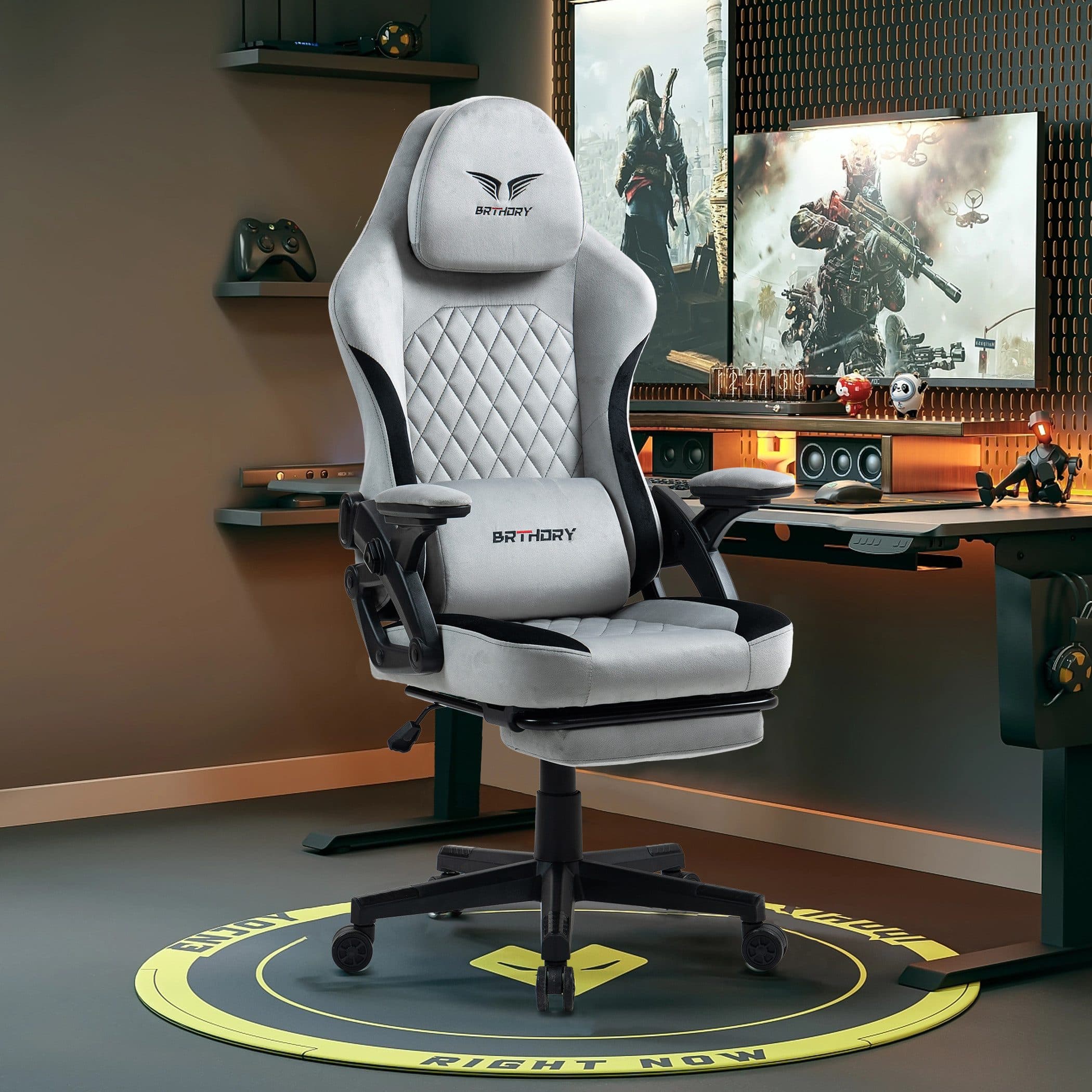 BRTHORY Gaming-Stuhl mit Verstellbarer Kopfstütze und Wippfunktion, 135°, Hellgrau - Bild 2