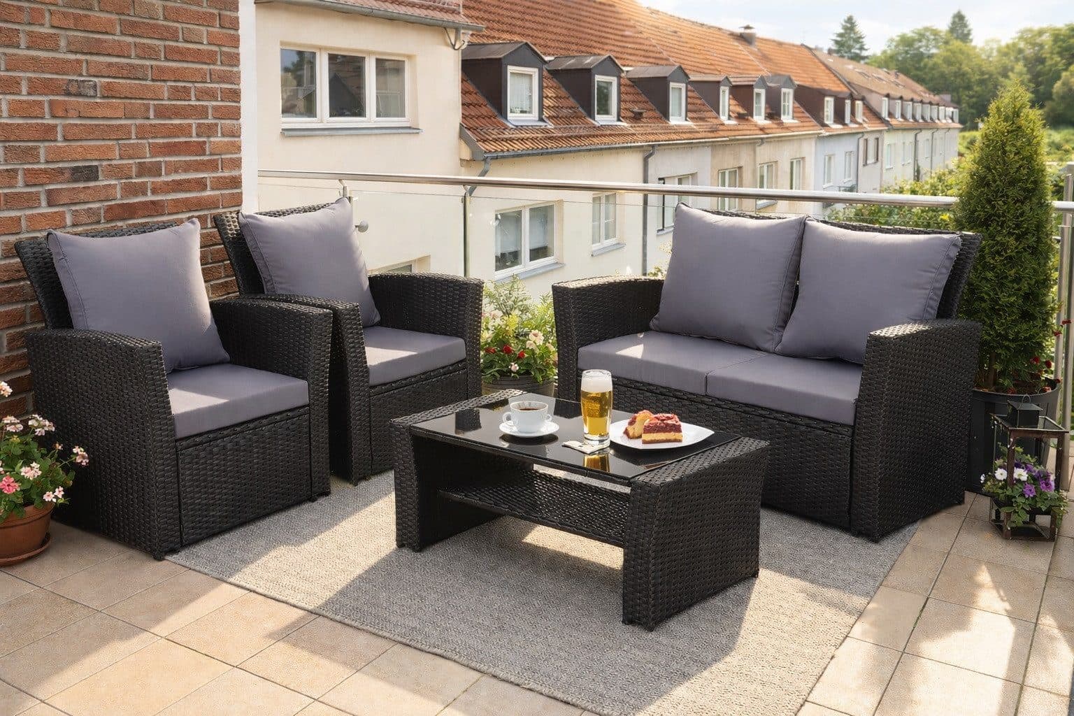 MeXo Gartenlounge-Set 4-tlg. Schwarz Polyrattan mit Kissen - Bild 2