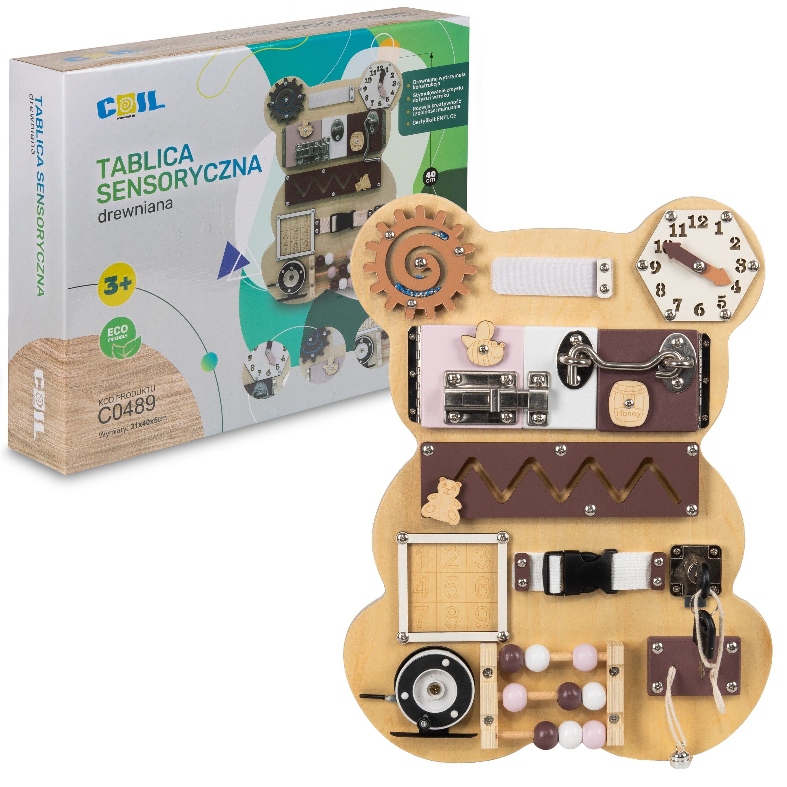COIL Motorikbrett Bär Montessori Spielzeug Aktivitätsbrett aus Holz mit Schloss - Bild 2