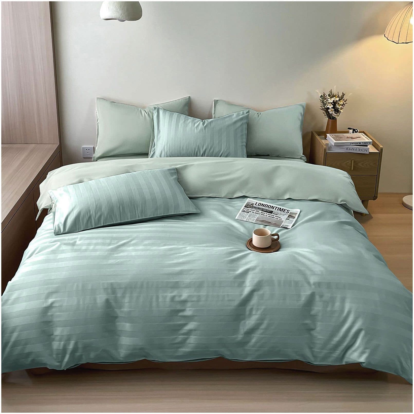 KEAYOO Bettwäsche Satin Streifen 2-teilig 100% Baumwolle Grün - Bild 2