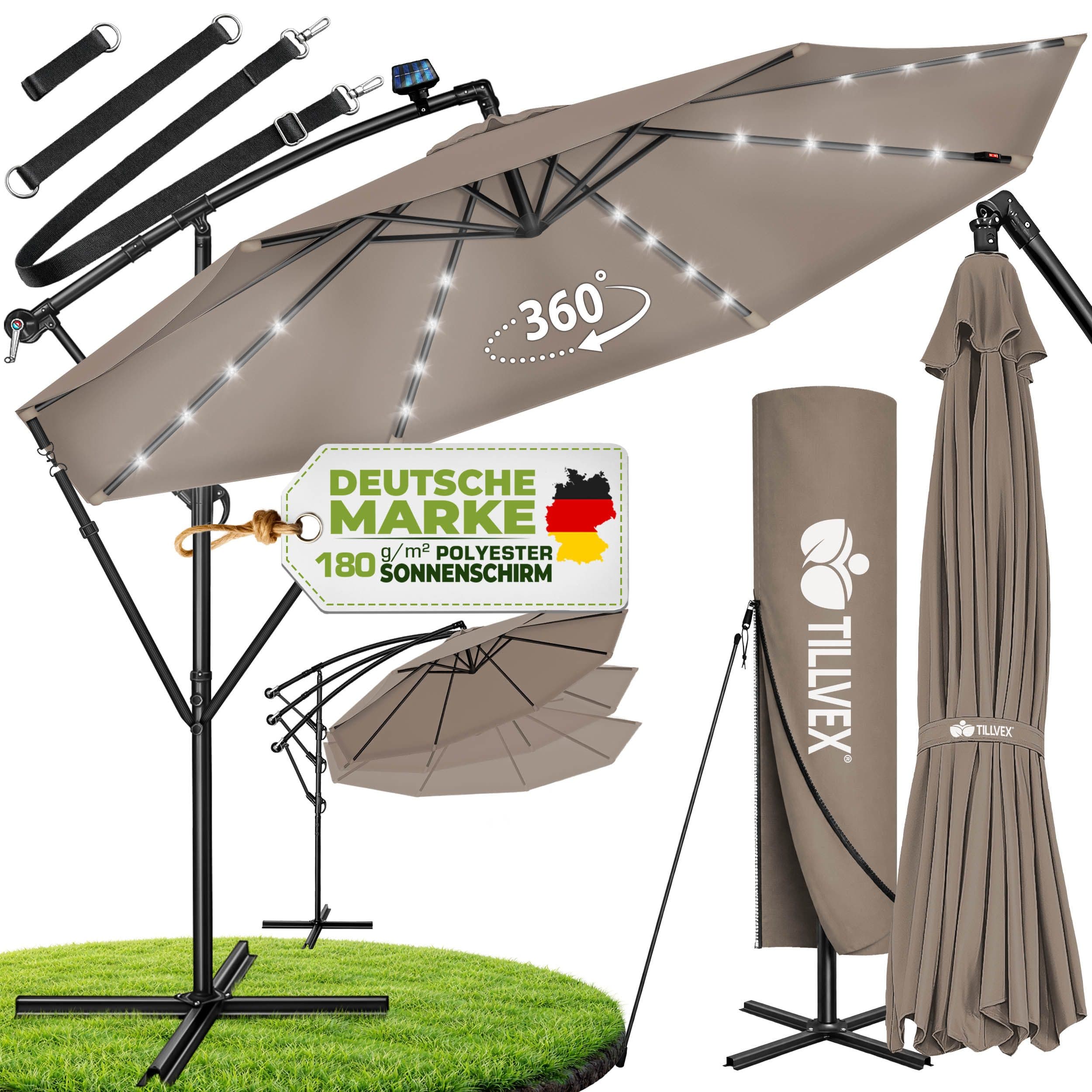 tillvex Sonnenschirm 3m Ampelschirm mit LED Solar & Kurbel - Bild 2
