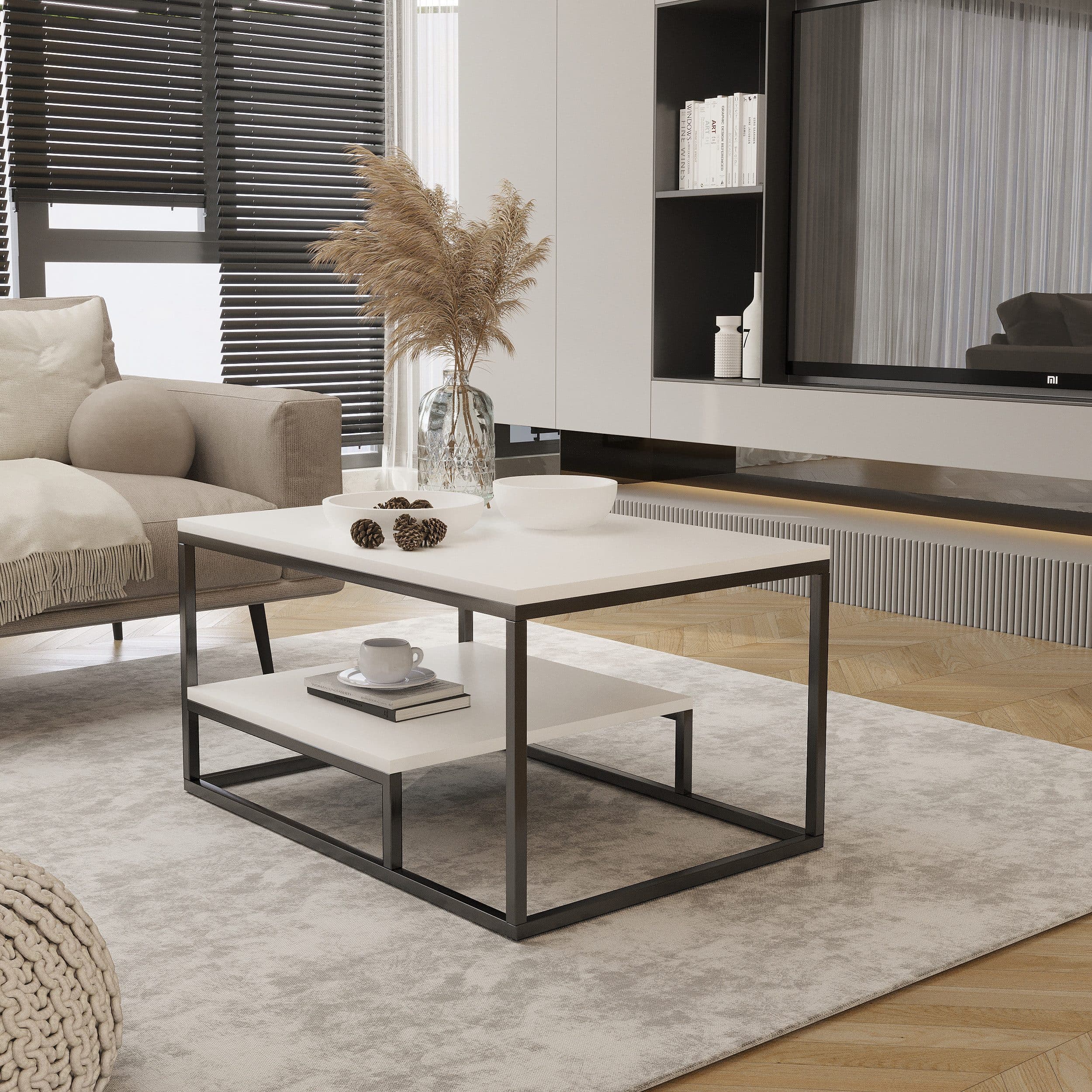Design Möbel Couchtisch Modern mit Ablage Stahlgestell Eiche Wotan - Bild 2