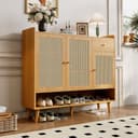 OKWISH Rattan Schuhschrank 3 Türen 1 Schublade Beige Bild 2