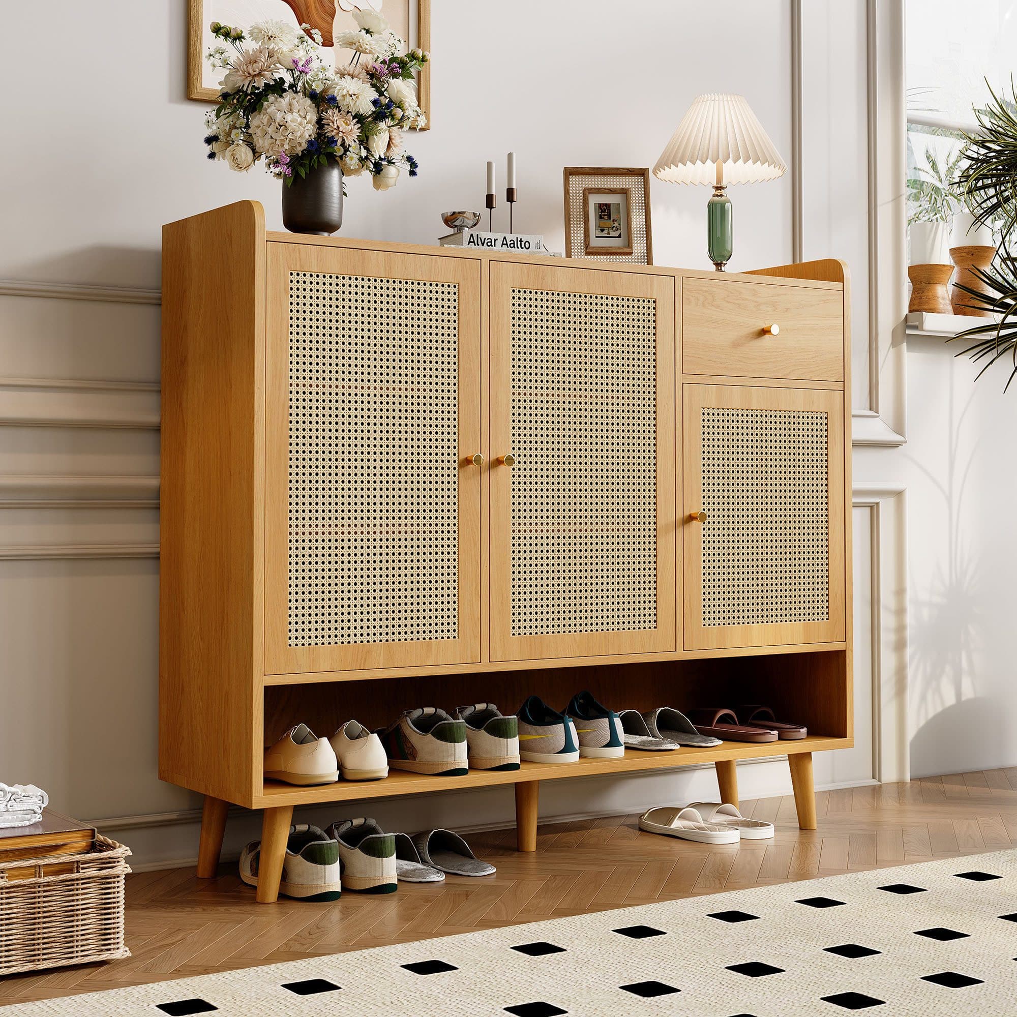 OKWISH Rattan Schuhschrank 3 Türen 1 Schublade Beige - Bild 2