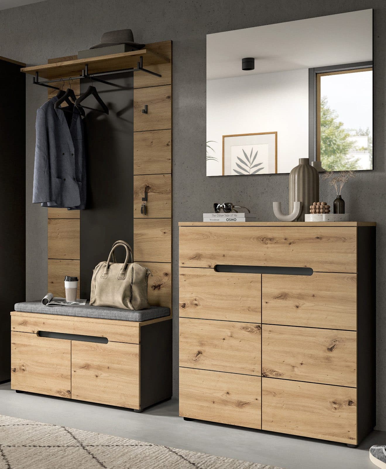 Inn.Furn Garderoben-Set Cooper, Flurgarderobe in Eiche Artisan und Basalt Grau, 4-teilig - Bild 2