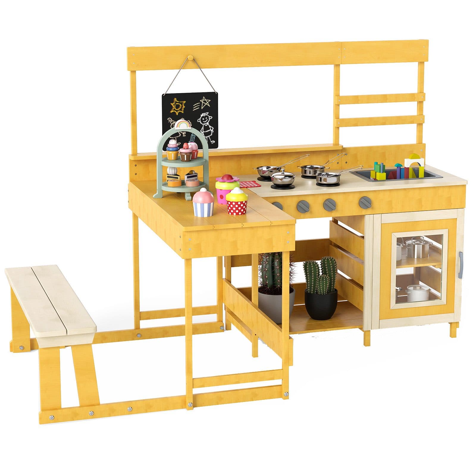 KOMFOTTEU Outdoor-Spielküche 2 in 1 Matschküche mit Picknicktisch & Bank