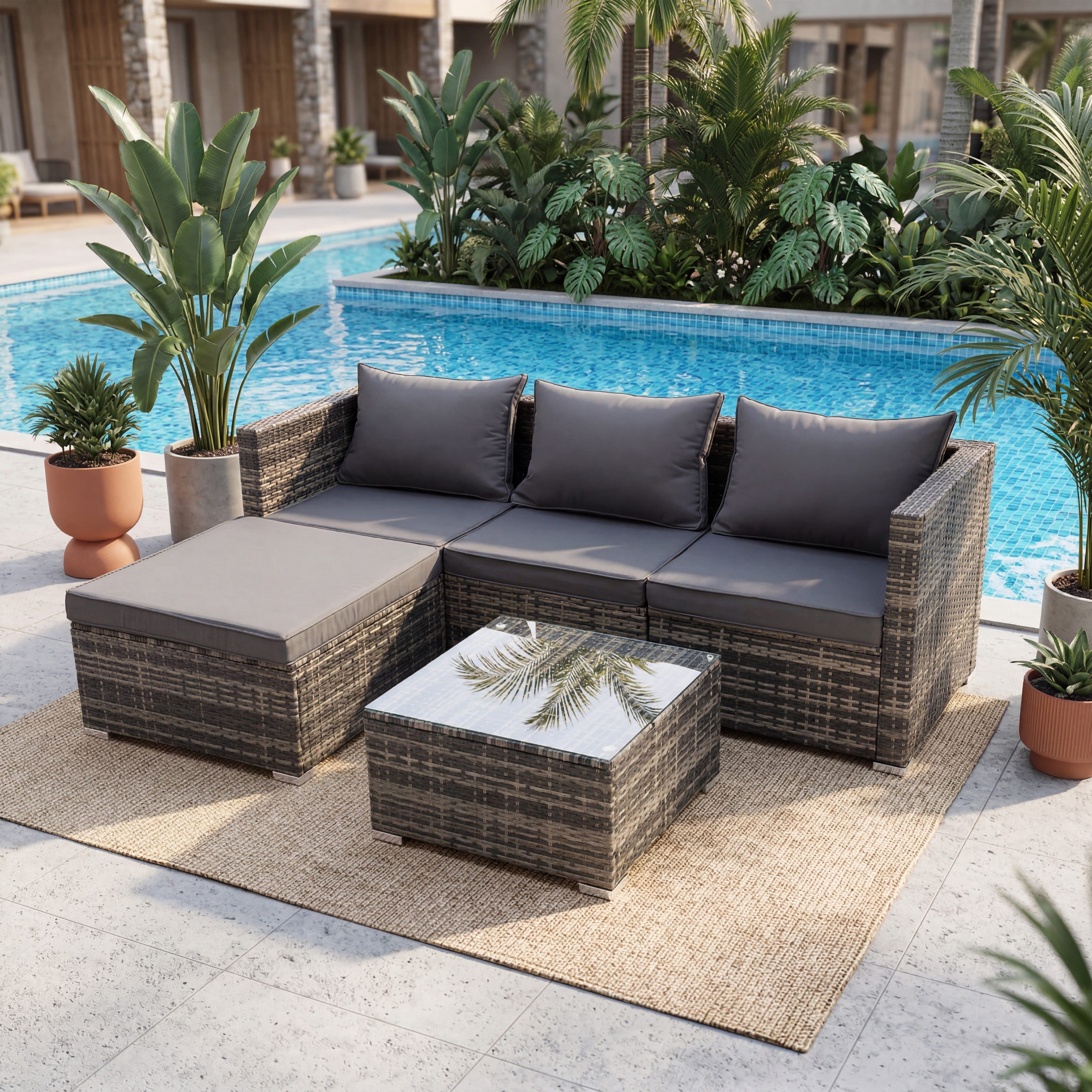 oyajia Gartenlounge-Set 5-tlg. Grau Poly Rattan mit Kissen - Bild 2