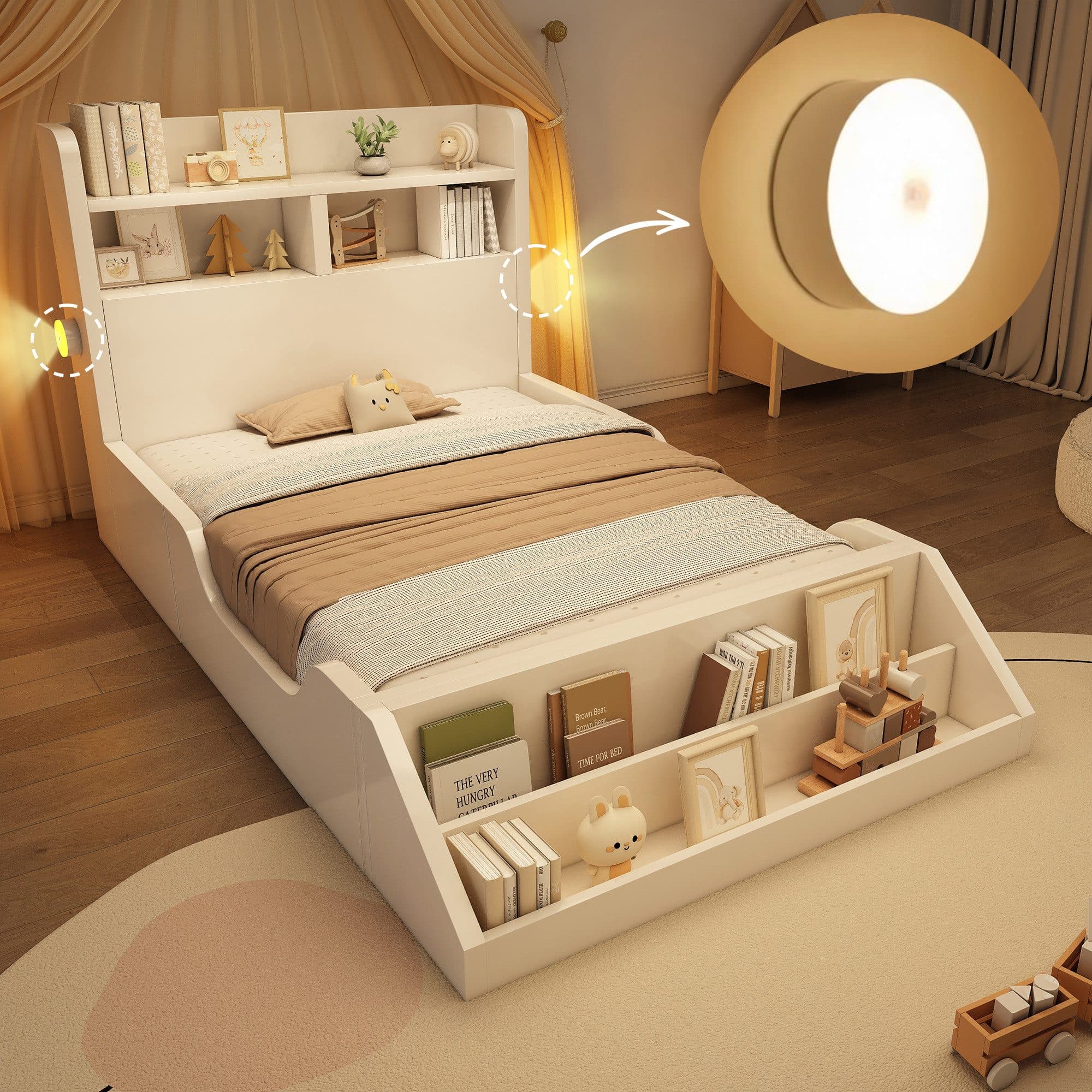 Odikalo Holzbett Kinderbett mit Nachtlichtern und Stauraum Weiß - Bild 2