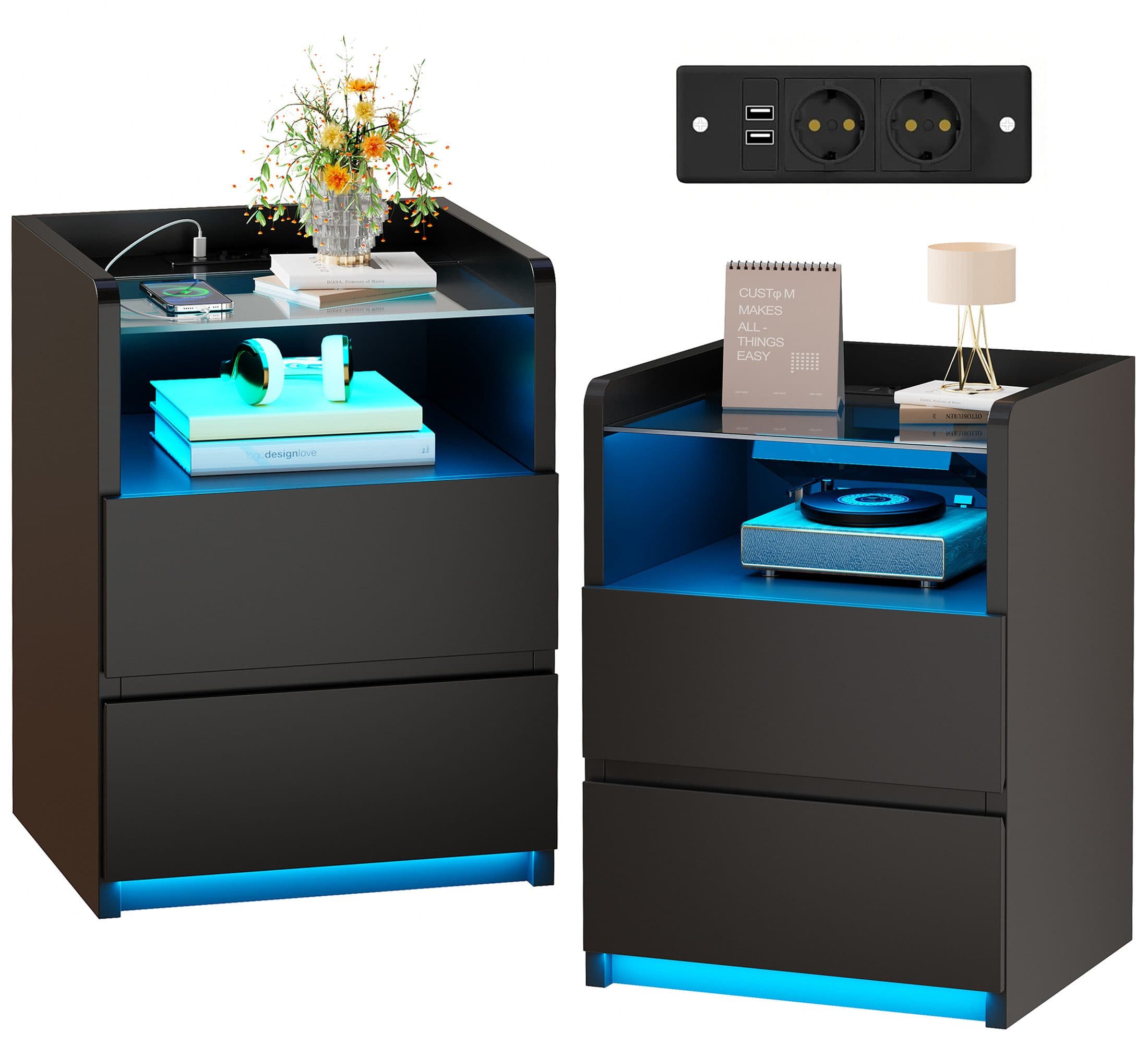 BEWISHOME Nachttisch 2er Set mit LED-Beleuchtung und Ladestation - Bild 2