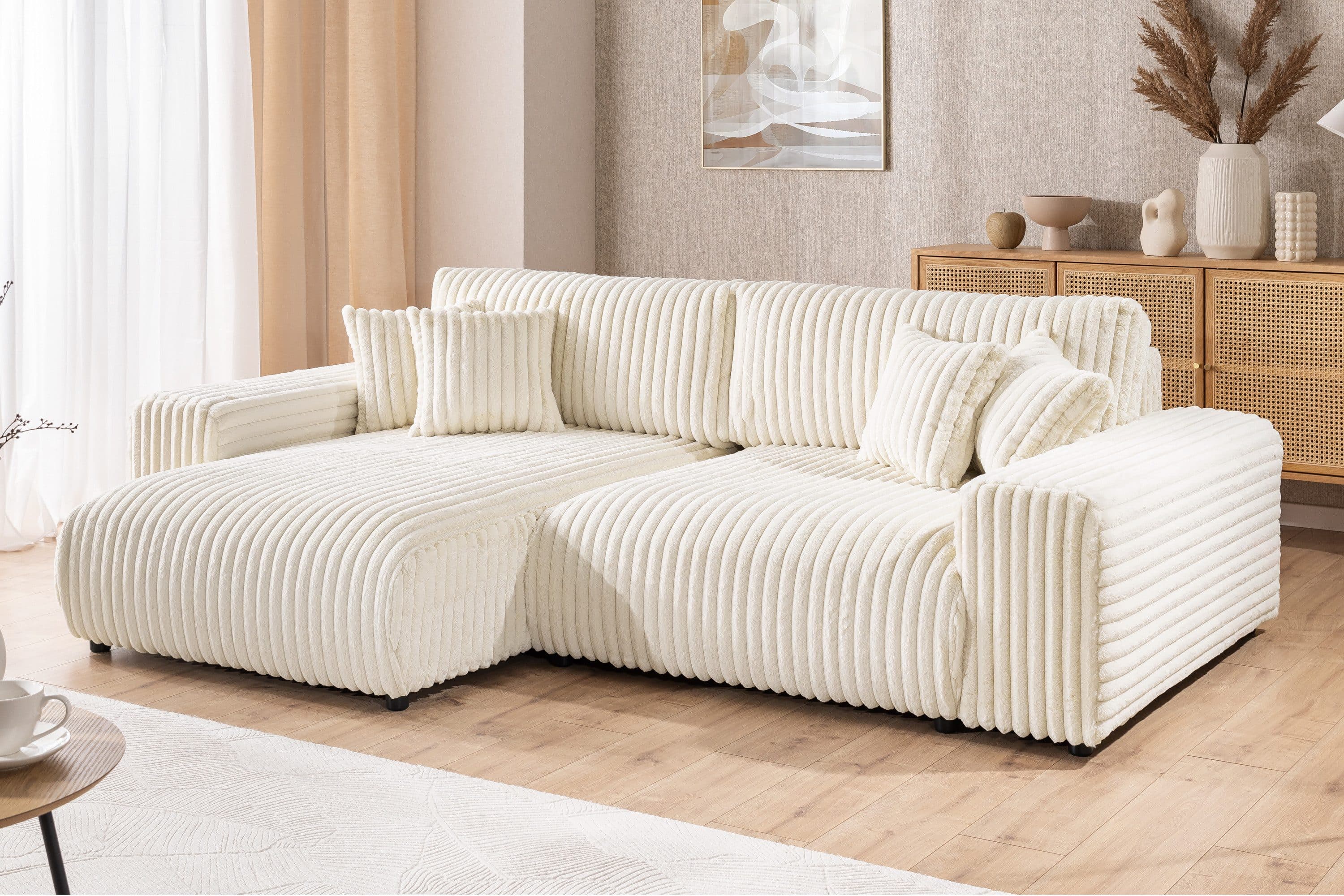 S-Style Möbel Ecksofa Mollis mit Schlaffunktion und Bettkasten Plüschcord Beige - Bild 2