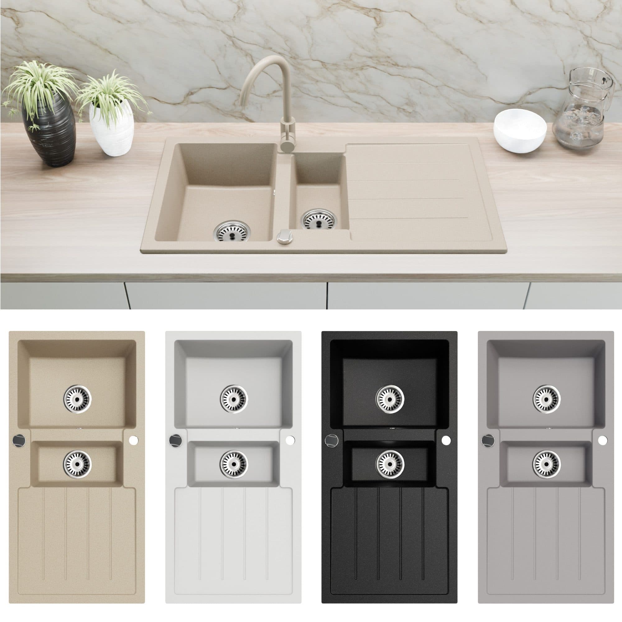 Faizee Möbel Granitspüle 100x50 cm 1,5 Becken Modern Beige - Bild 2