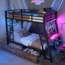 BlingBin Hochbett 1-St. mit Schreibtisch, LED-Beleuchtung, 2 Schubladen und Leiter 90x200 cm Schwarz Bild 2