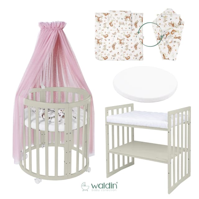 Waldin OWAL Mobiles Babybett aus Holz 7in1 mit Matratze - Mitwachsendes Design