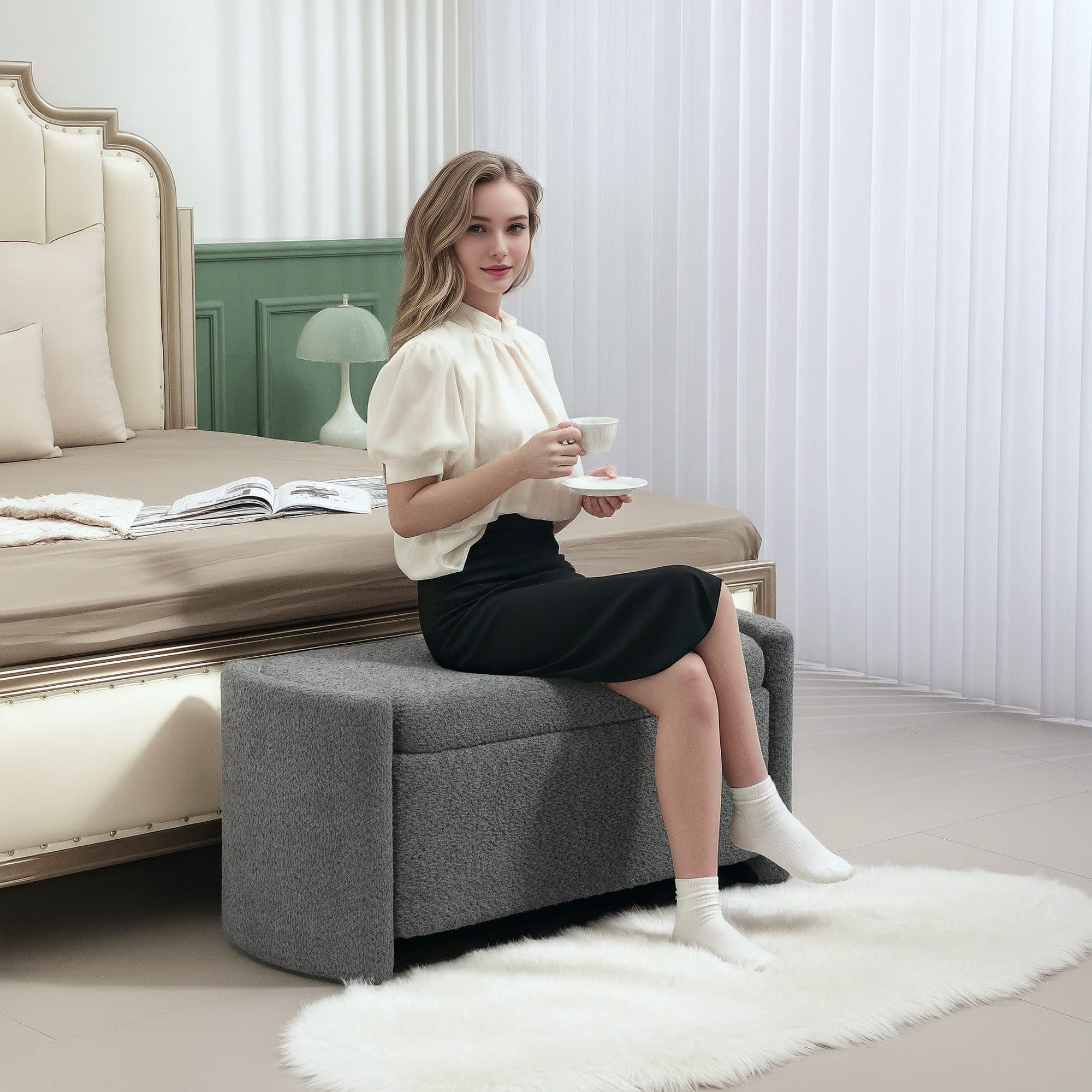 HOMCOM Sitzbank mit Stauraum Grau Teddy-Samt - Bild 2