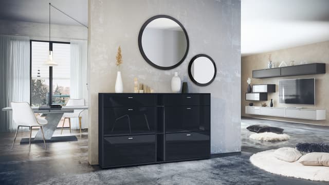Garderobe mit Schuhschrank und Spiegel in Schwarz matt/hochglänzend