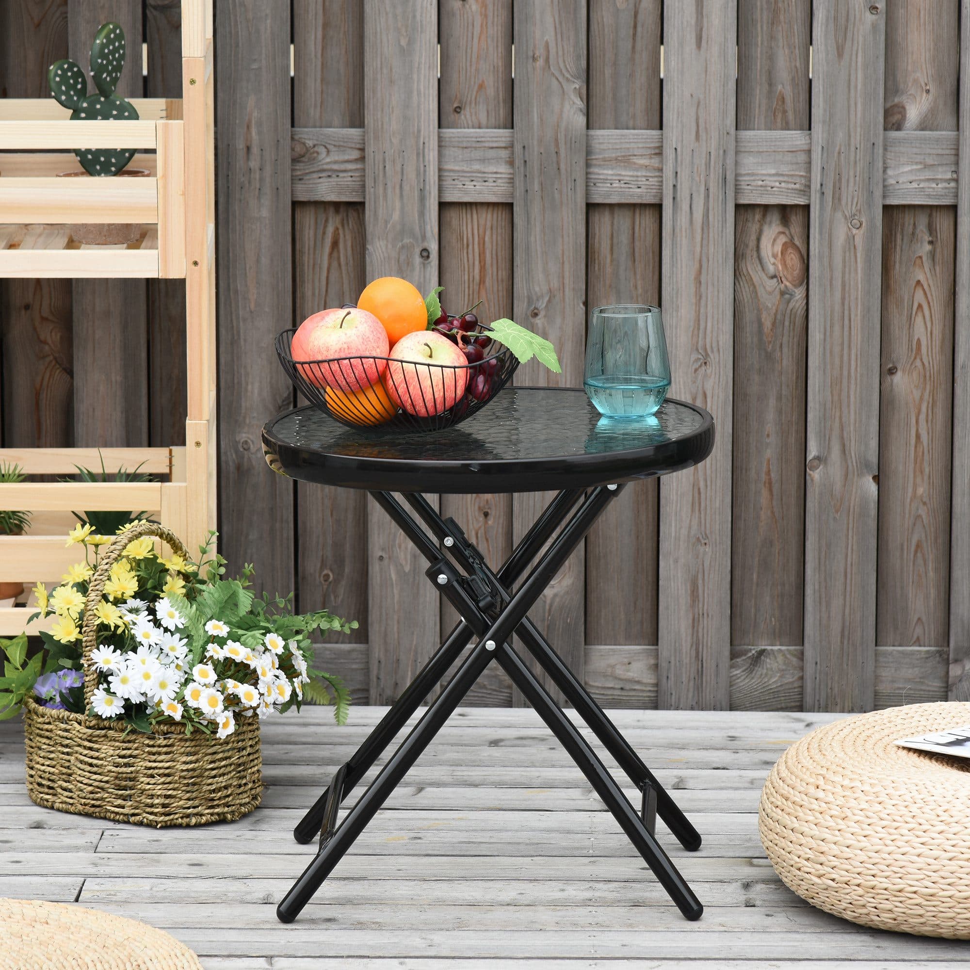 Outsunny Beistelltisch rund klappbar Metall mit Glasplatte schwarz - Bild 2