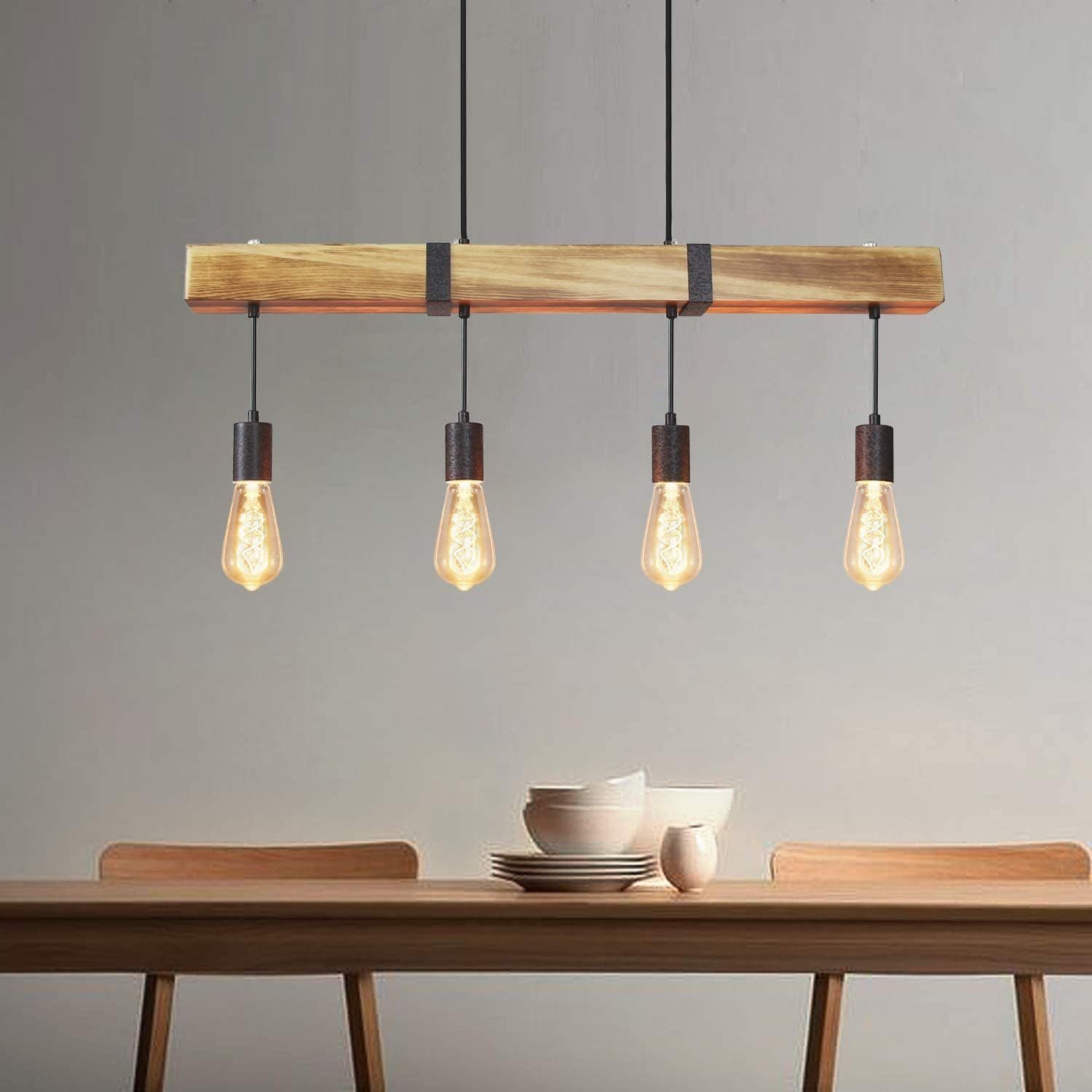 ZMH Pendelleuchte Holz Retro E27 Höhenverstellbar Industrial Esszimmer Küche Wohnzimmer - Bild 2