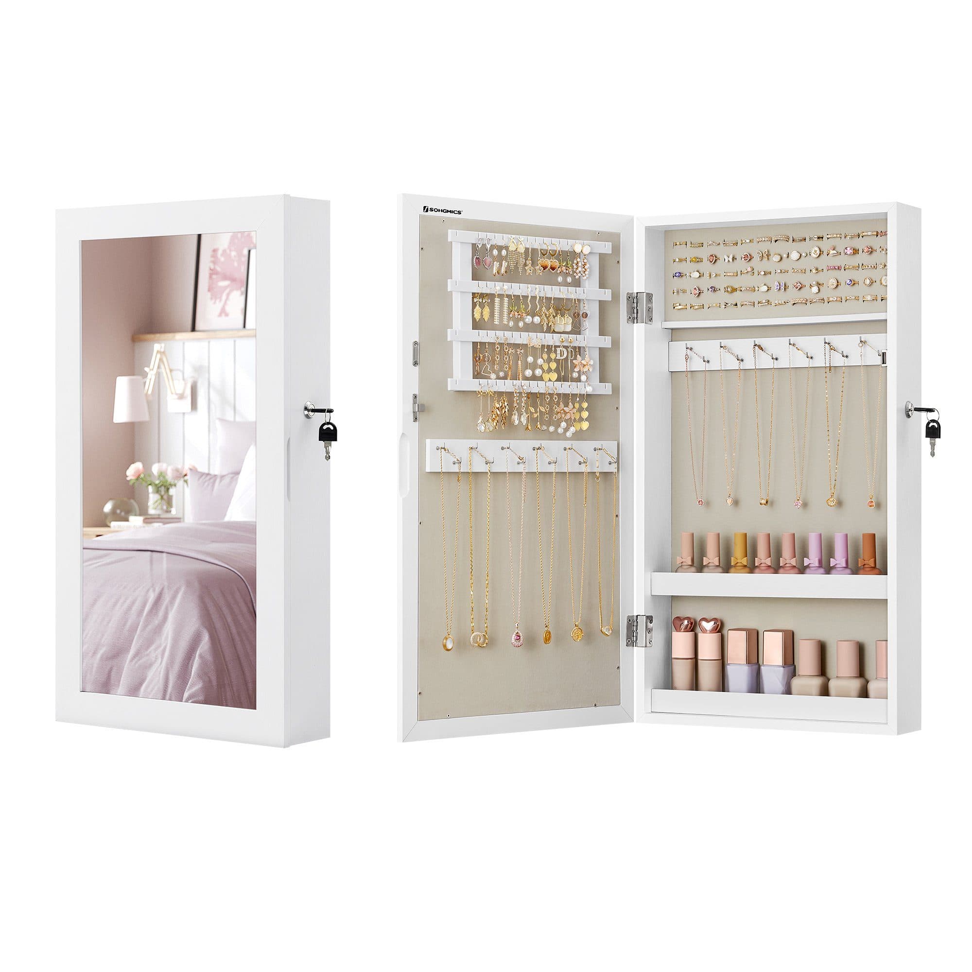 SONGMICS Schmuckschrank Spiegelschrank abschließbar weiß - Bild 2