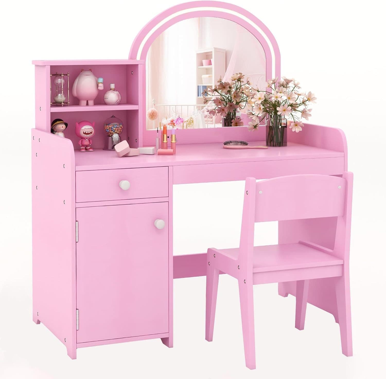 COSTWAY Schminktisch Kidner mit LED-Spiegel & Schublade, Rosa - Bild 2