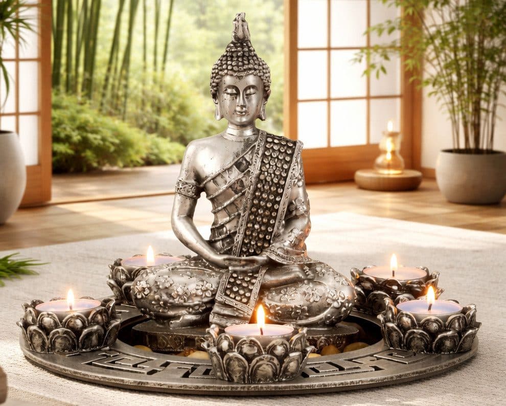 LB H&F Lilienburg Teelichthalter mit Buddha Statue & Deko Steinen Silber - Bild 2