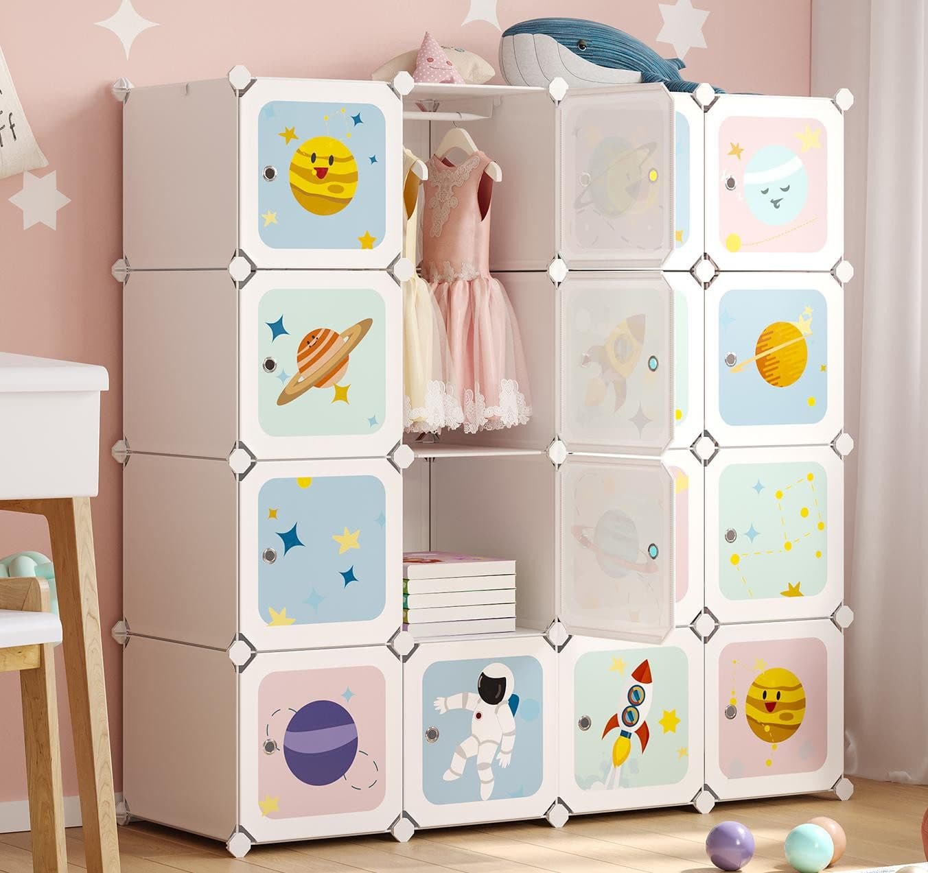 SONGMICS Kinderkleiderschrank Kinderregal 4 Kleiderstangen 16 Würfel Weiß - Bild 2