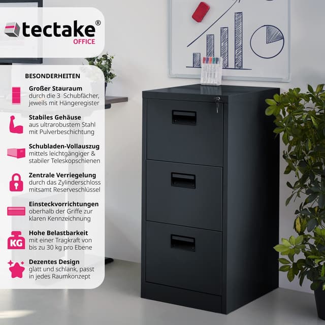 TECTAKE Aktenschrank Büroschrank Schwarz Stahl