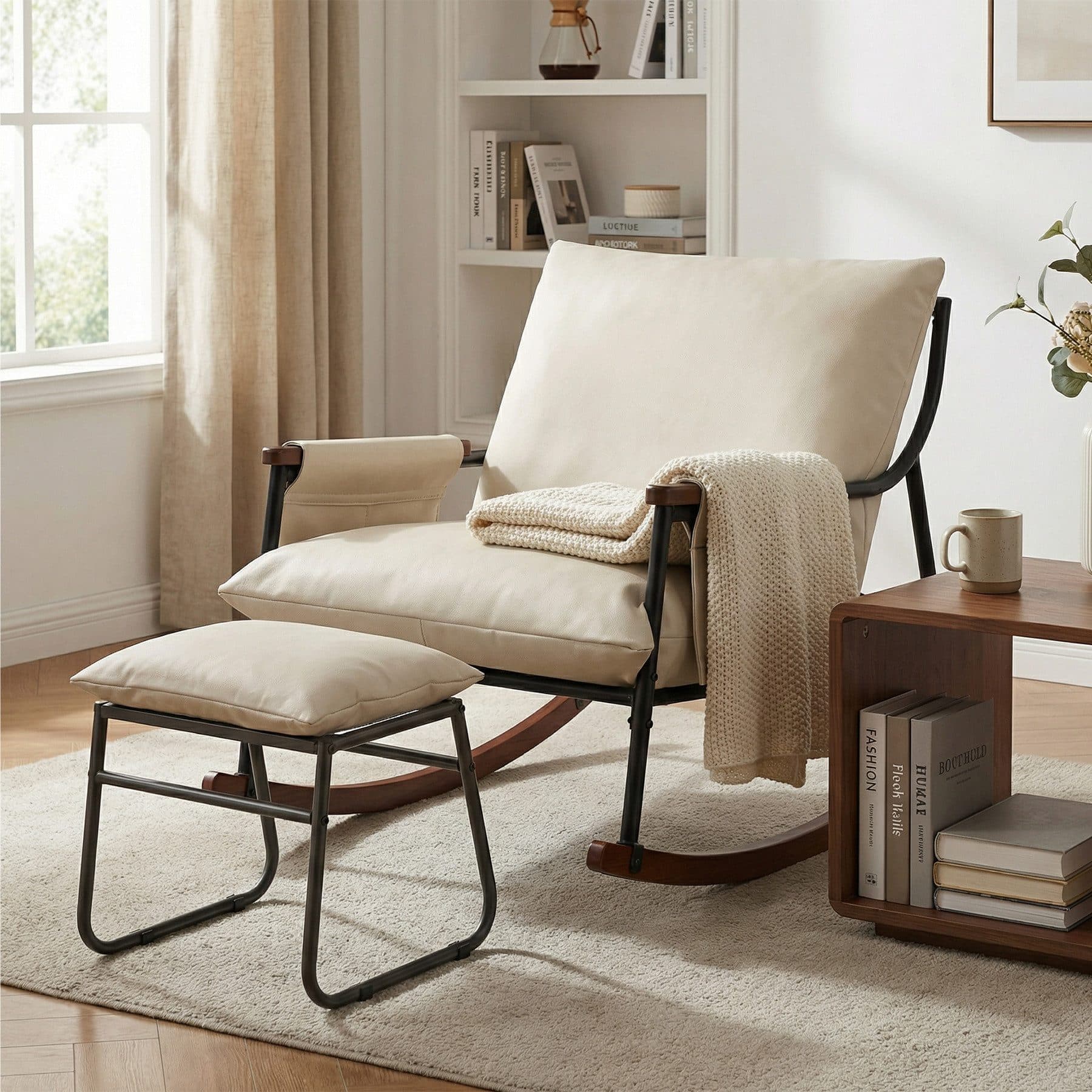 HomeMiYN Schaukelsessel mit Hocker Beige Metall - Bild 2
