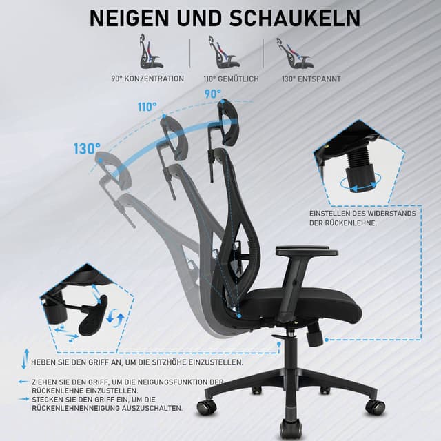 Durrafy Ergonomischer Bürostuhl Schwarz - Atmungsaktiver Netzbezug & Leise Rollen