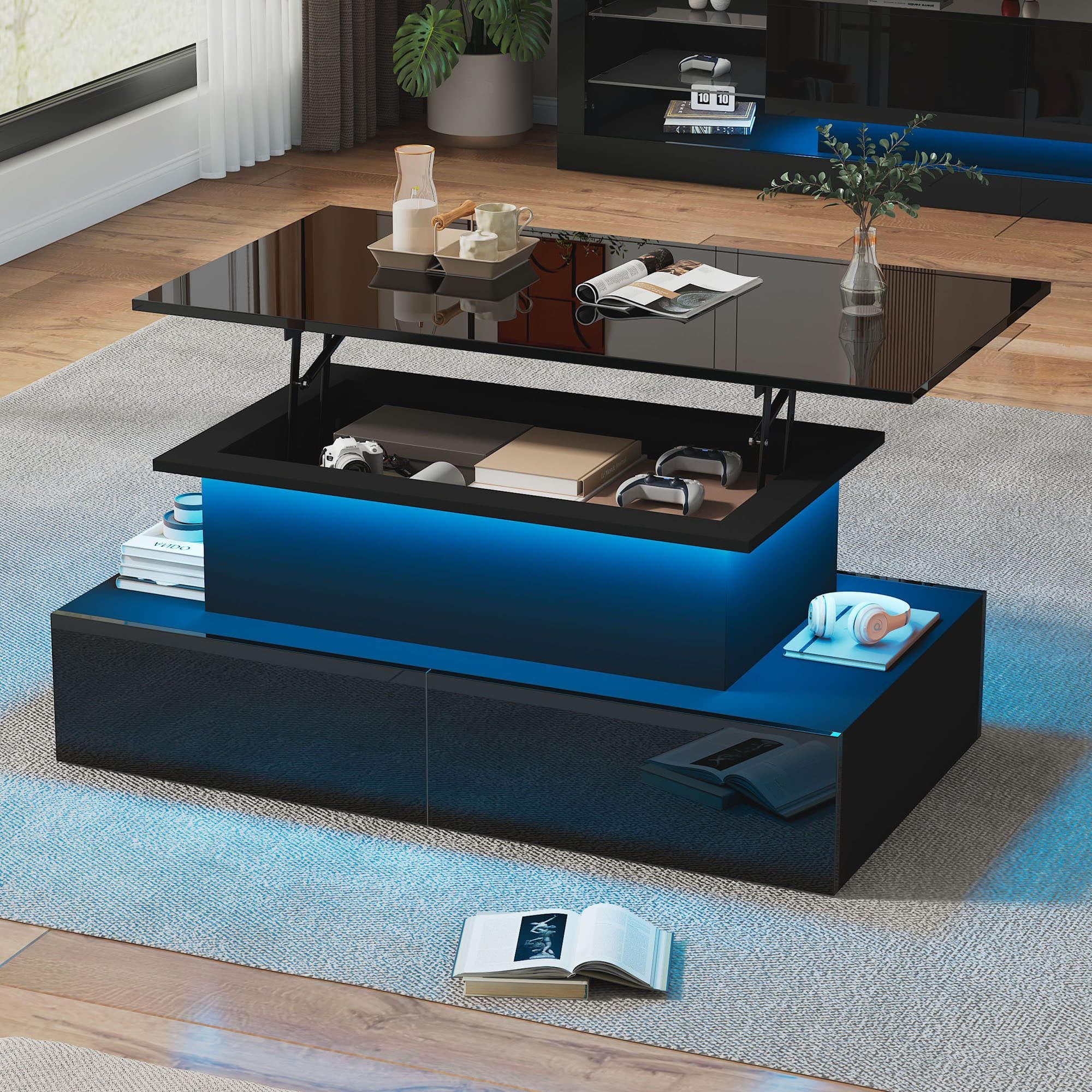 KLAM HOME Couchtisch Schwarz Hochglanz mit LED & Schubladen - Bild 2