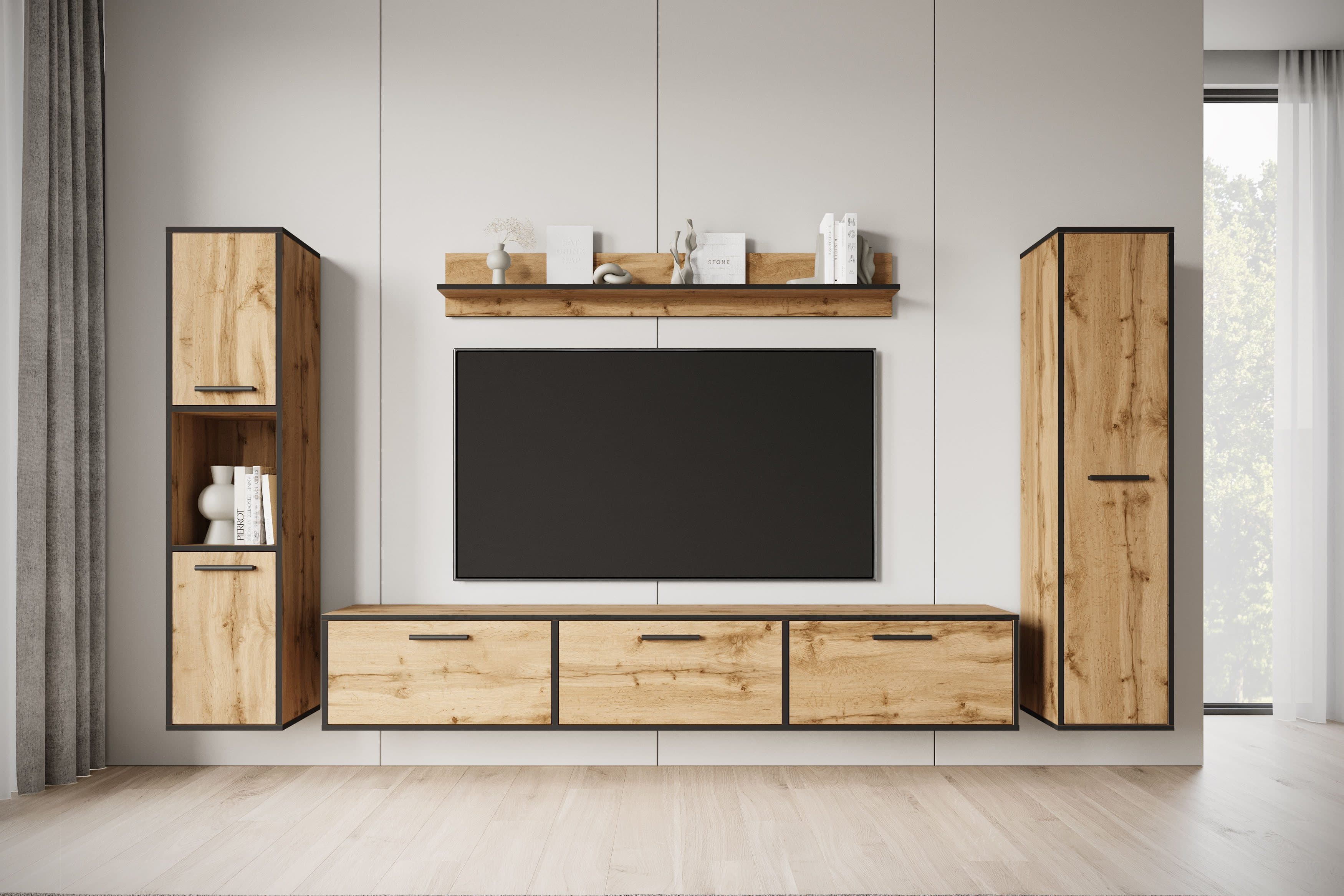 HOME AFFAIRE Wohnwand BOGOTA XL Beige Schwarz Wechselbarer Türanschlag