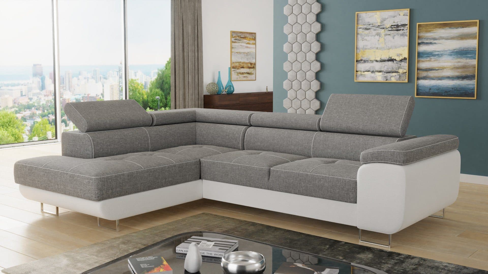 Sofnet Ecksofa Caris L-Form mit Schlaffunktion, Bettkasten & Kopfstützen Weiß - Bild 2