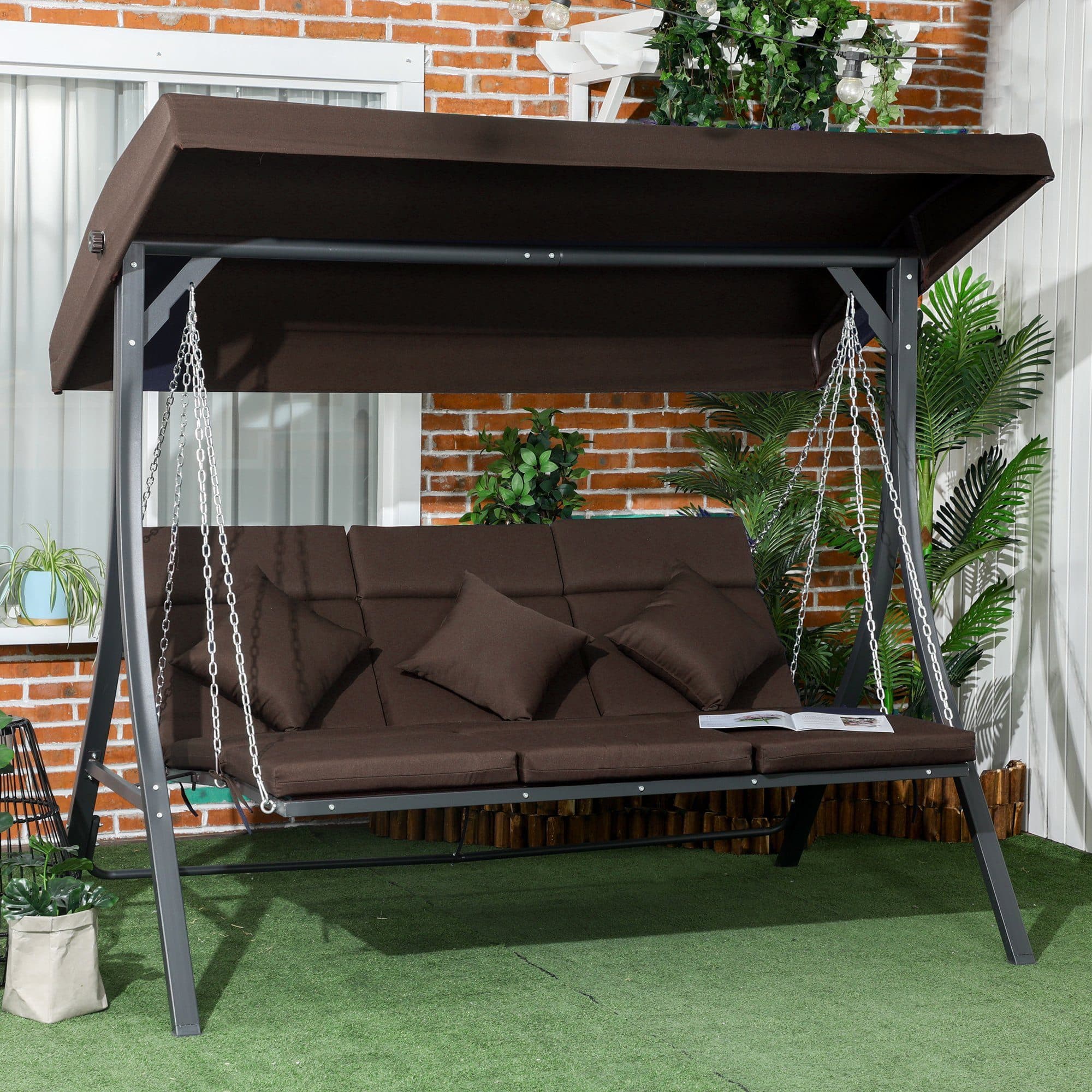 Outsunny Hollywoodschaukel Gartenschaukel 3-Sitzer Braun mit Sonnendach - Bild 2