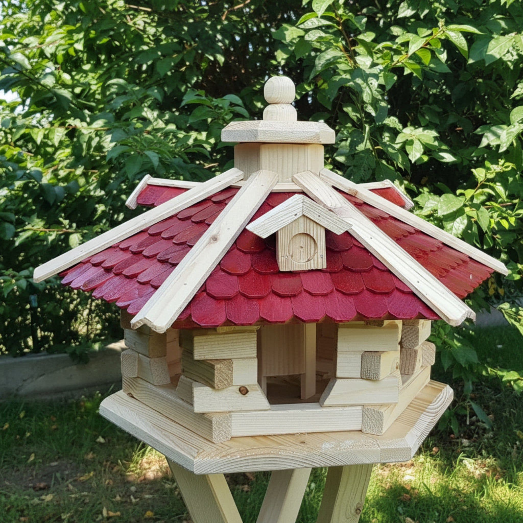 Holzdekoladen Vogelhaus aus Holz 6-seitig mit Futterdosierer
