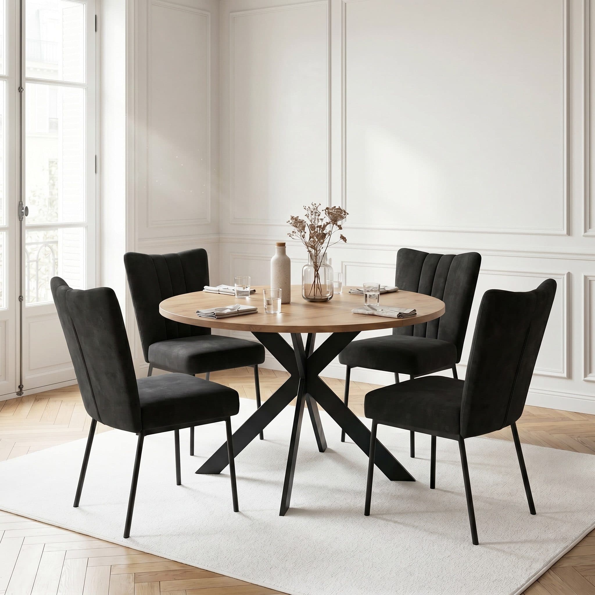 Jiexi Essgruppe Runder Esstisch mit 4 Stühlen Schwarz Grau Beige - Bild 2