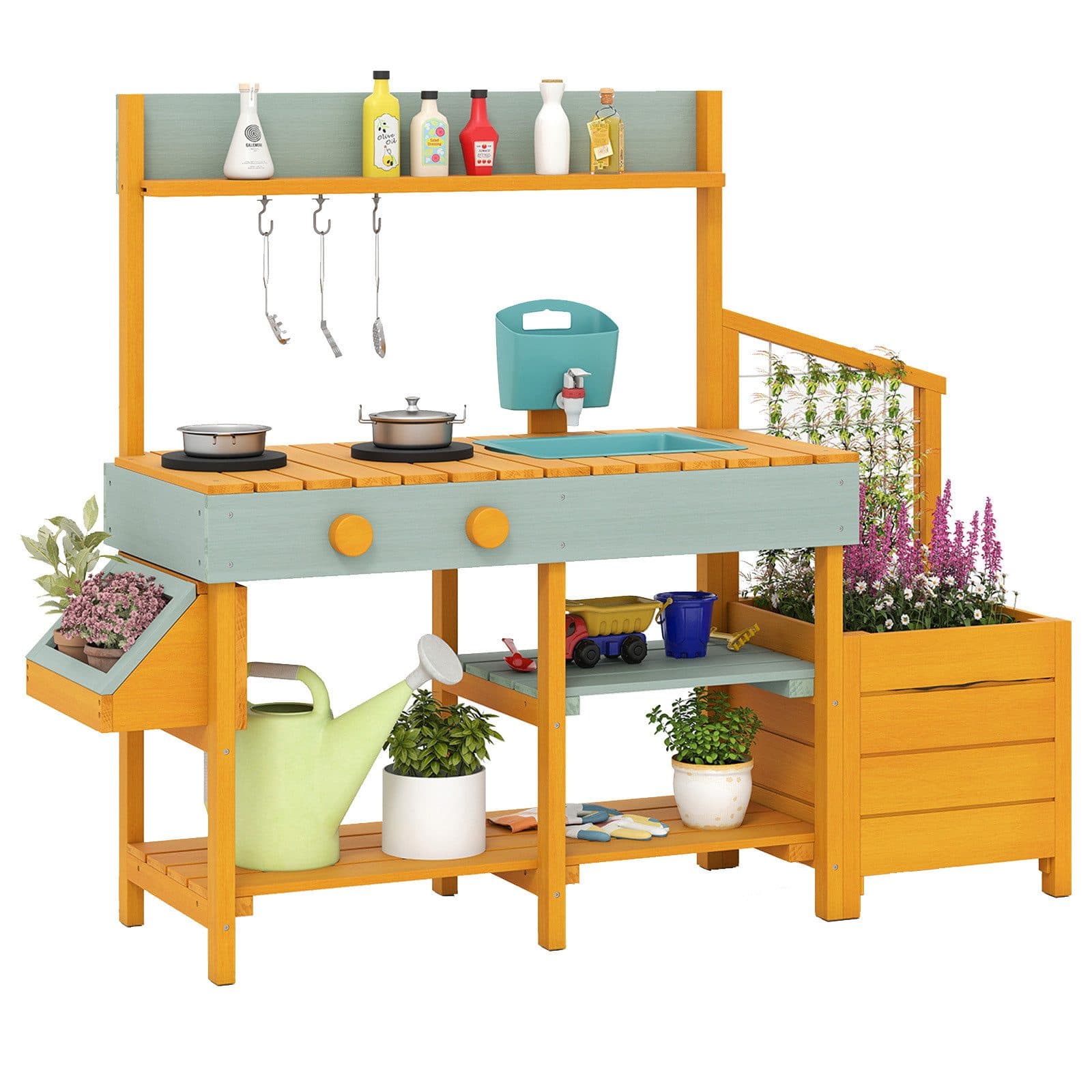 COSTWAY Outdoor-Spielküche Holz Kinderküche mit Pflanzkasten & Rankgitter ab 3 Jahren - Bild 2